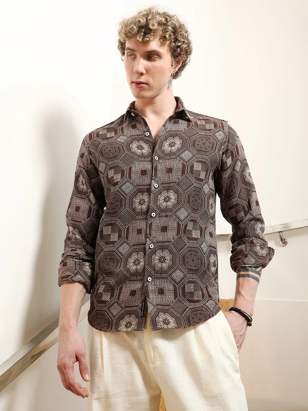 Geometric Pattern Cotton Blend Full Sleeve Shirt - Image 2