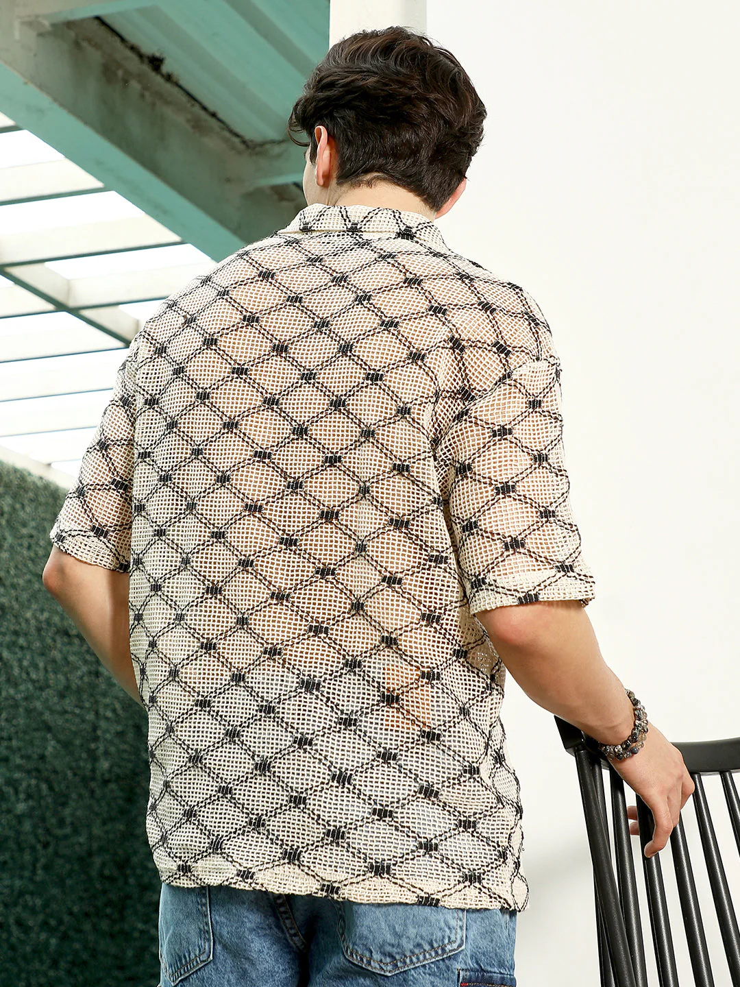 Geometric Pattern Polo Collar Cotton T-Shirt - Image 4