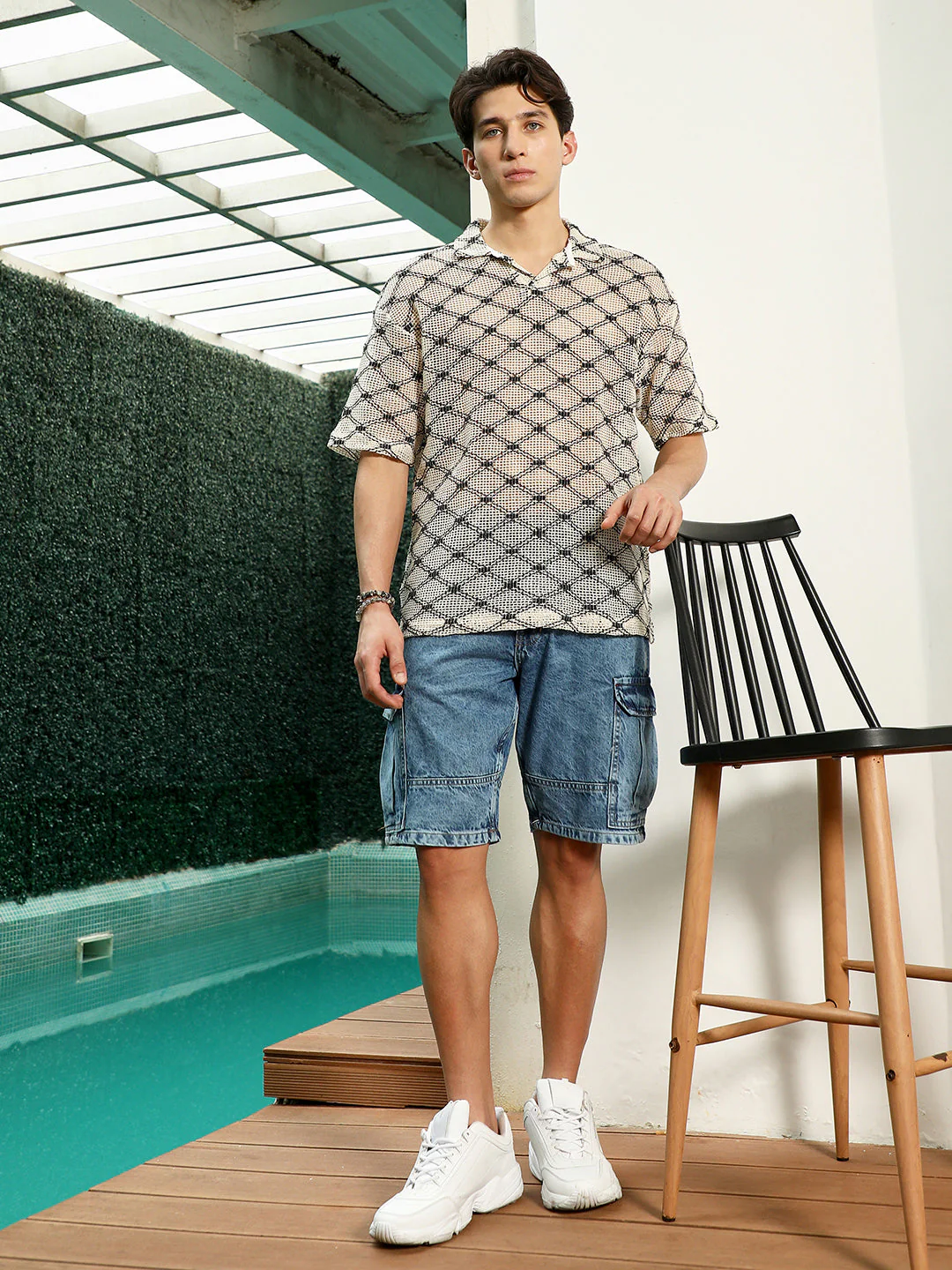 Geometric Pattern Polo Collar Cotton T-Shirt - Image 5
