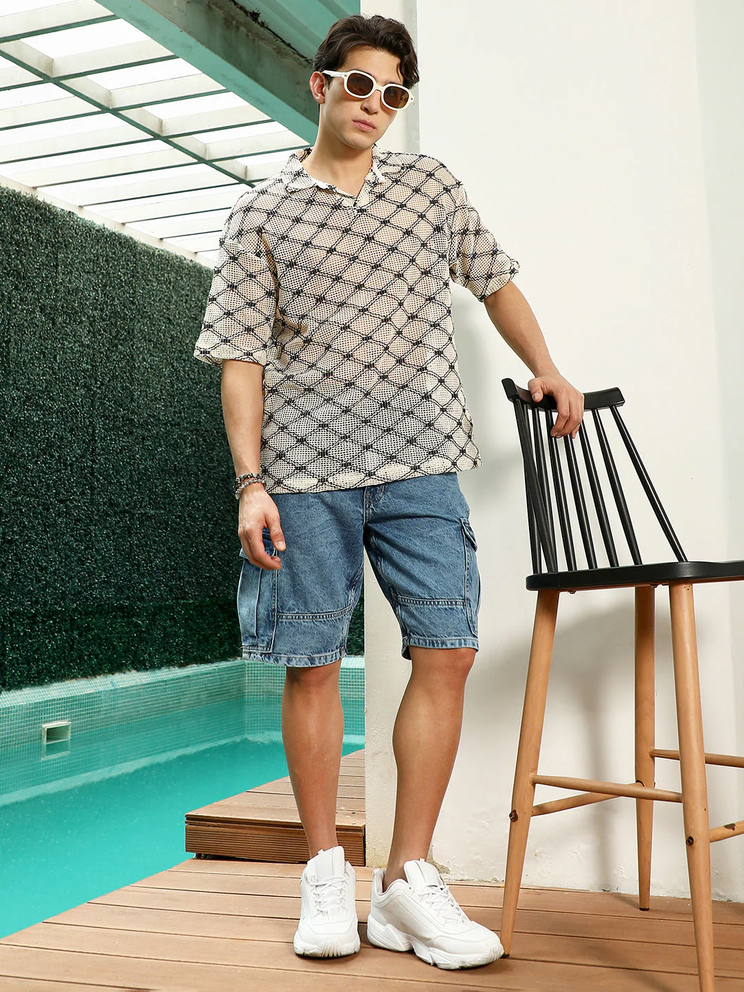 Geometric Pattern Polo Collar Cotton T-Shirt - Image 6