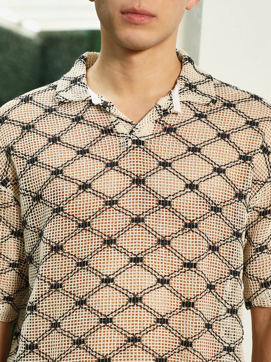 Geometric Pattern Polo Collar Cotton T-Shirt - Image 7