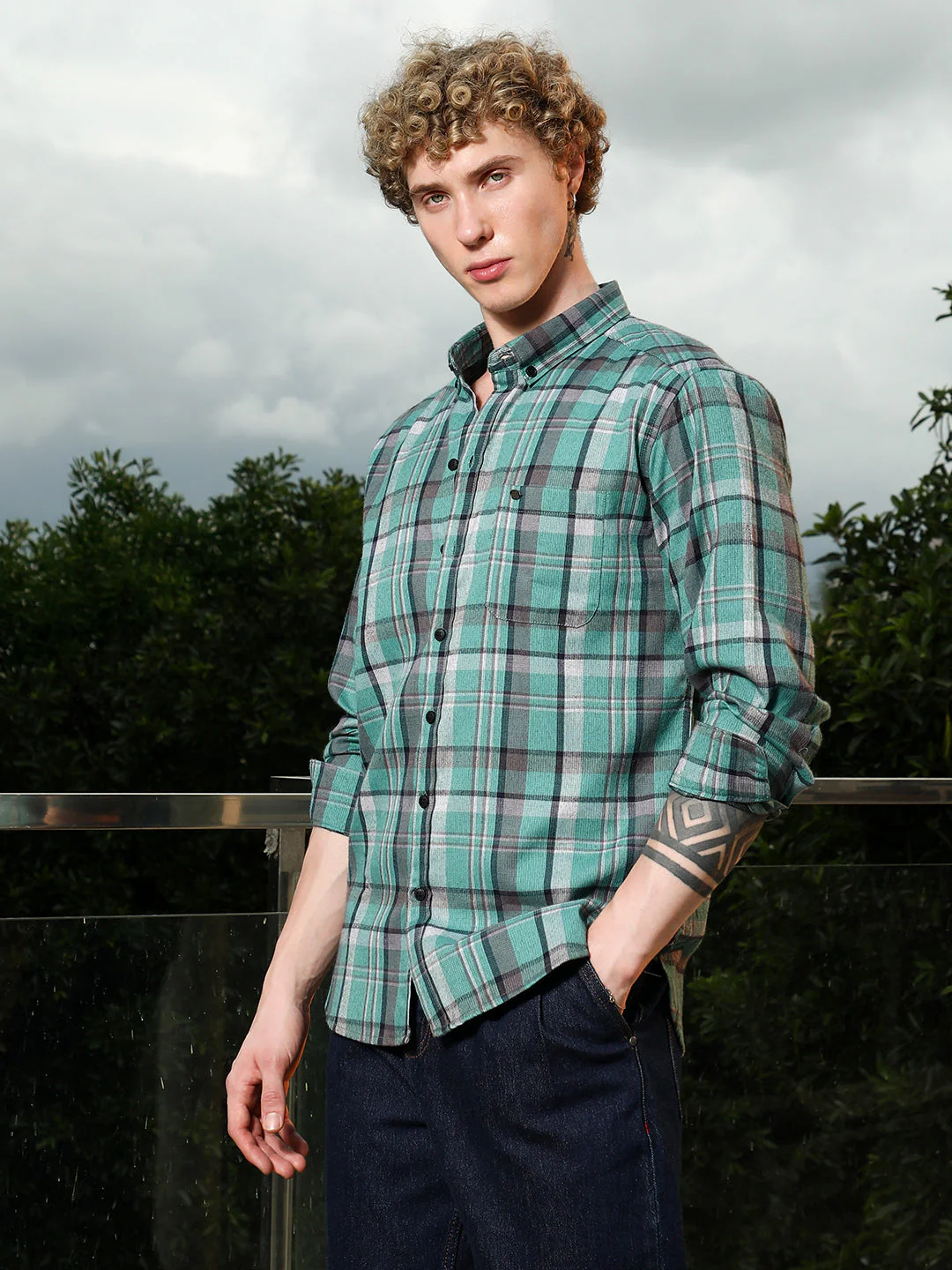 Green Plaid Tailored Fit Full Sleeve Shirt - Image 3