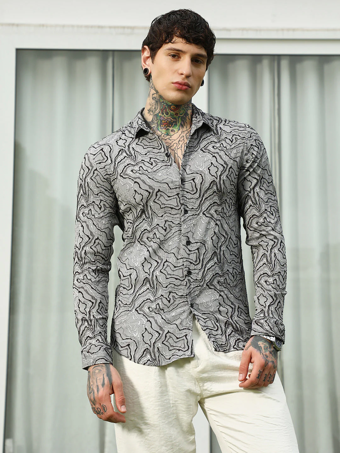 Grey Abstract Pattern Slim Fit Shirt - Image 2