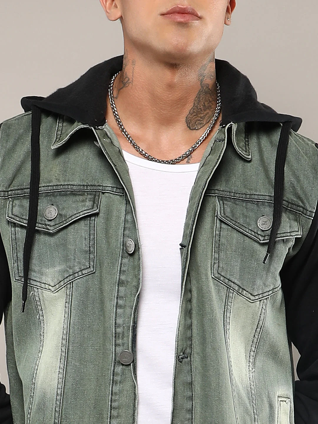 Light-Wash Denim Jacket With Sweatshirt Sleeve - Image 7