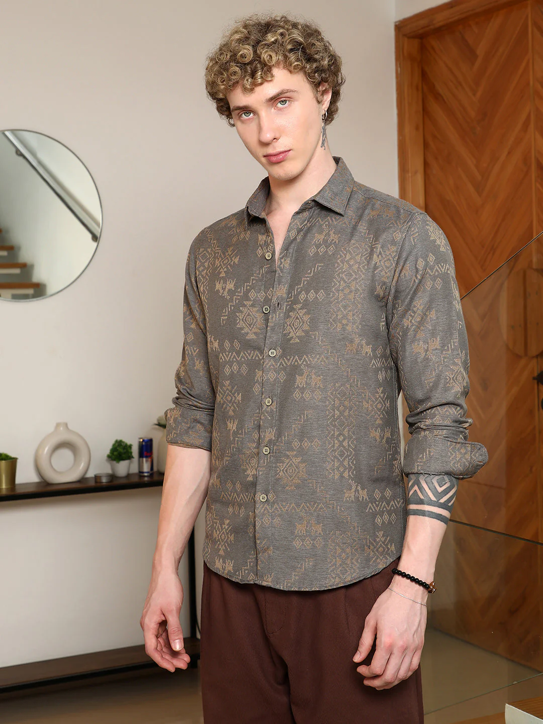 Grey Ethnic Motif Full Sleeve Shirt - Image 3