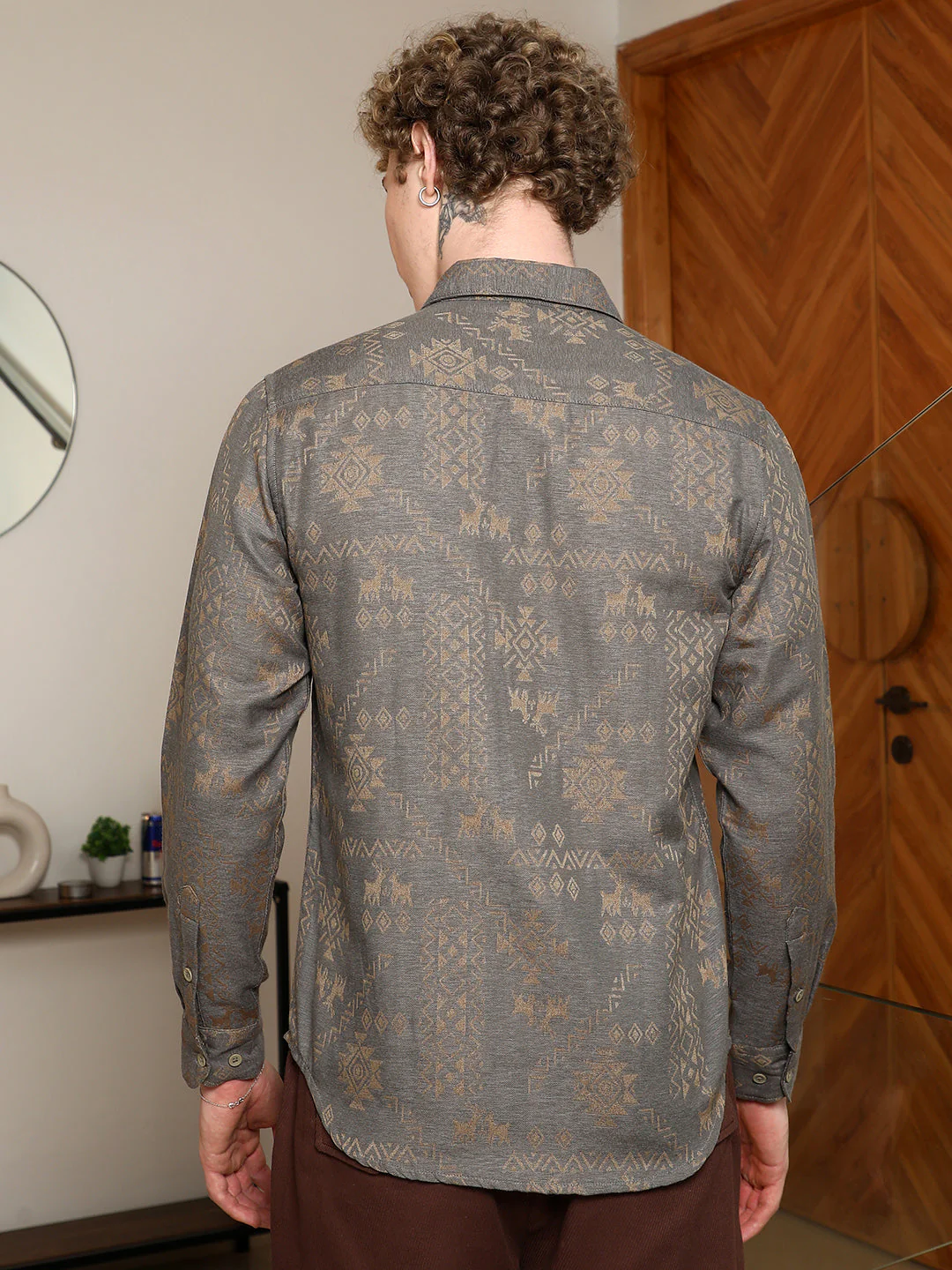 Grey Ethnic Motif Full Sleeve Shirt - Image 4