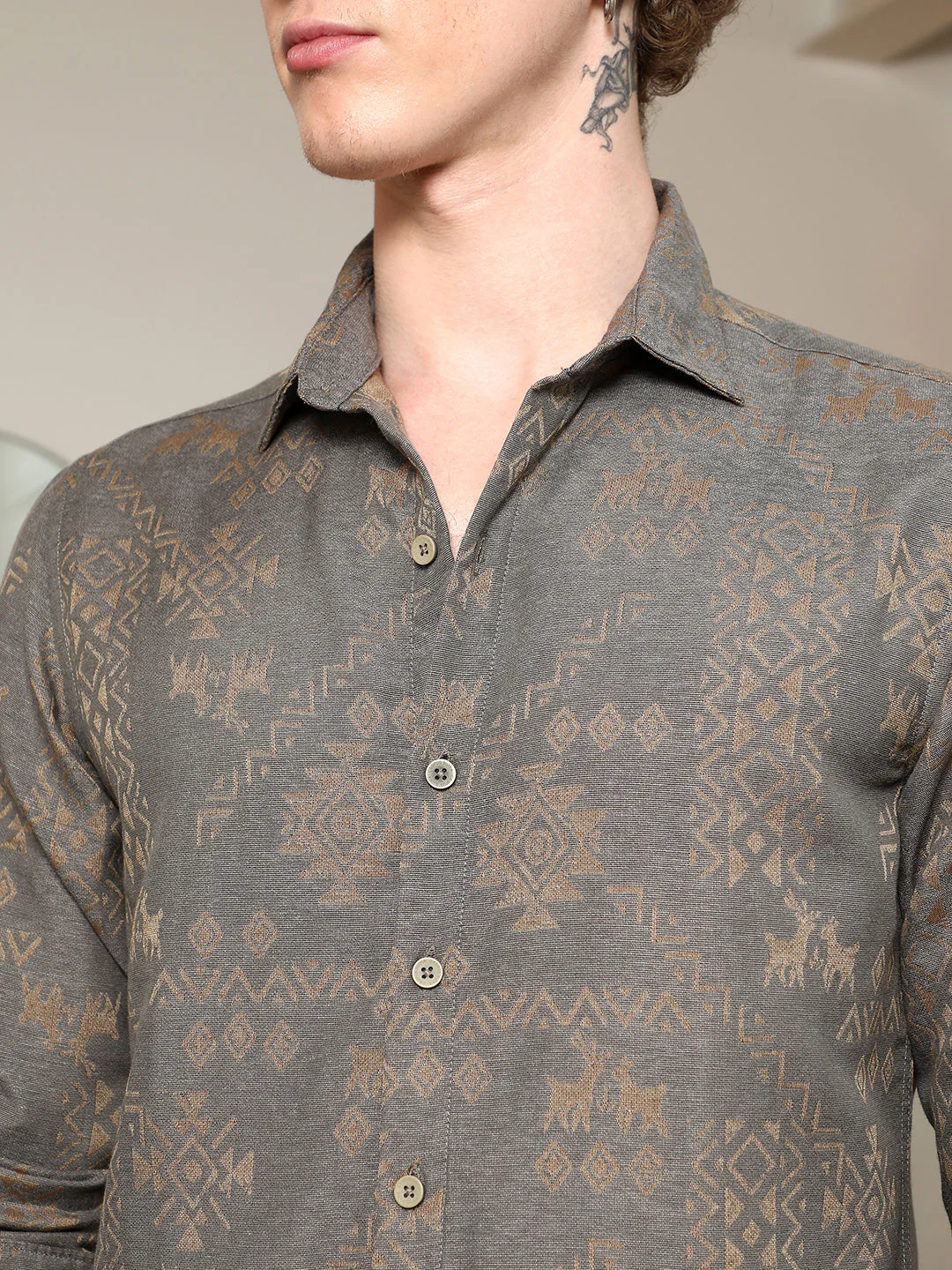 Grey Ethnic Motif Full Sleeve Shirt - Image 7