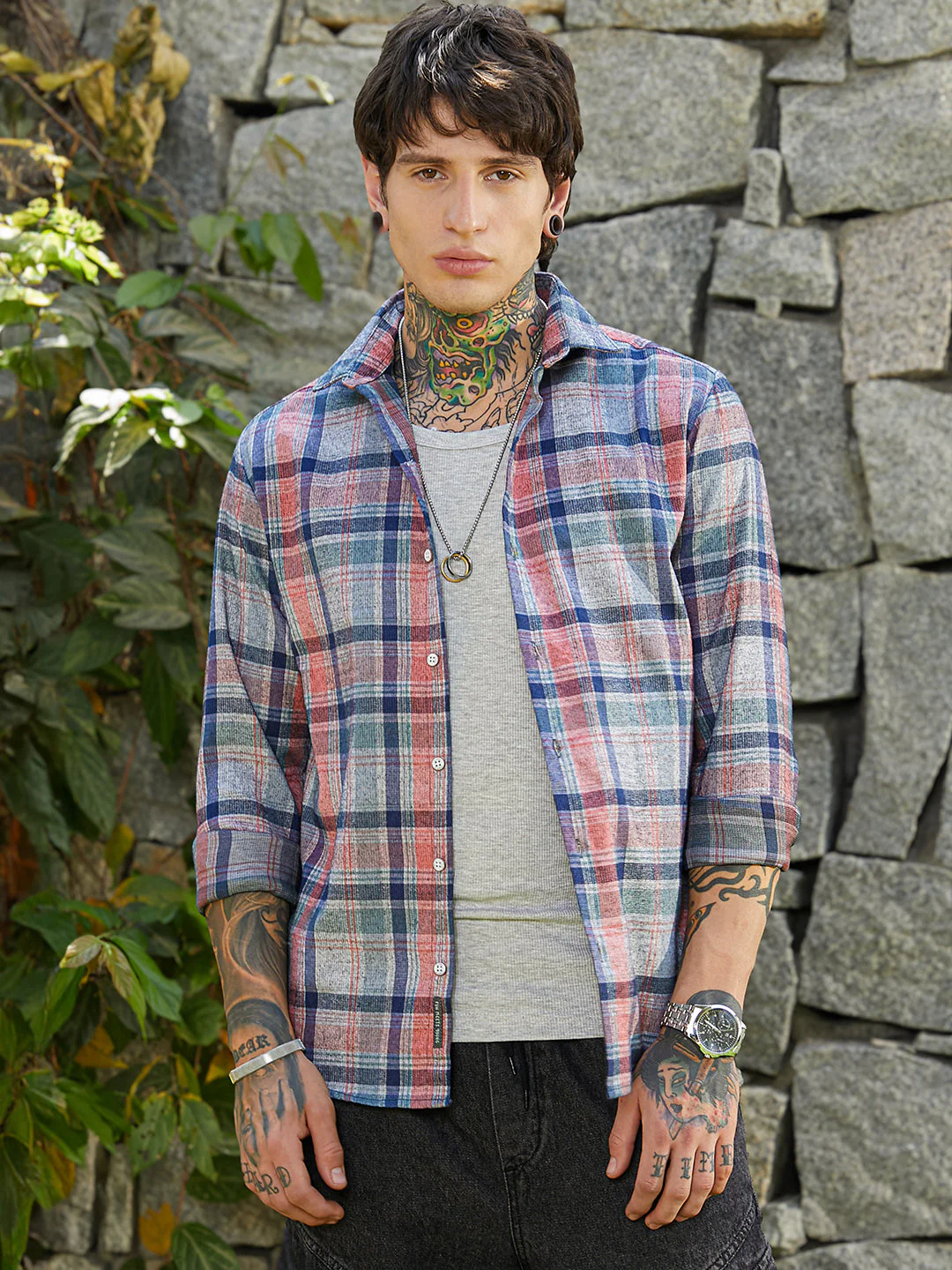 Ribbed-Plaid Relaxed Shirt