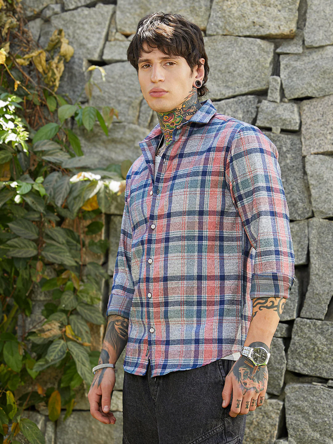 Ribbed-Plaid Relaxed Shirt - Image 3