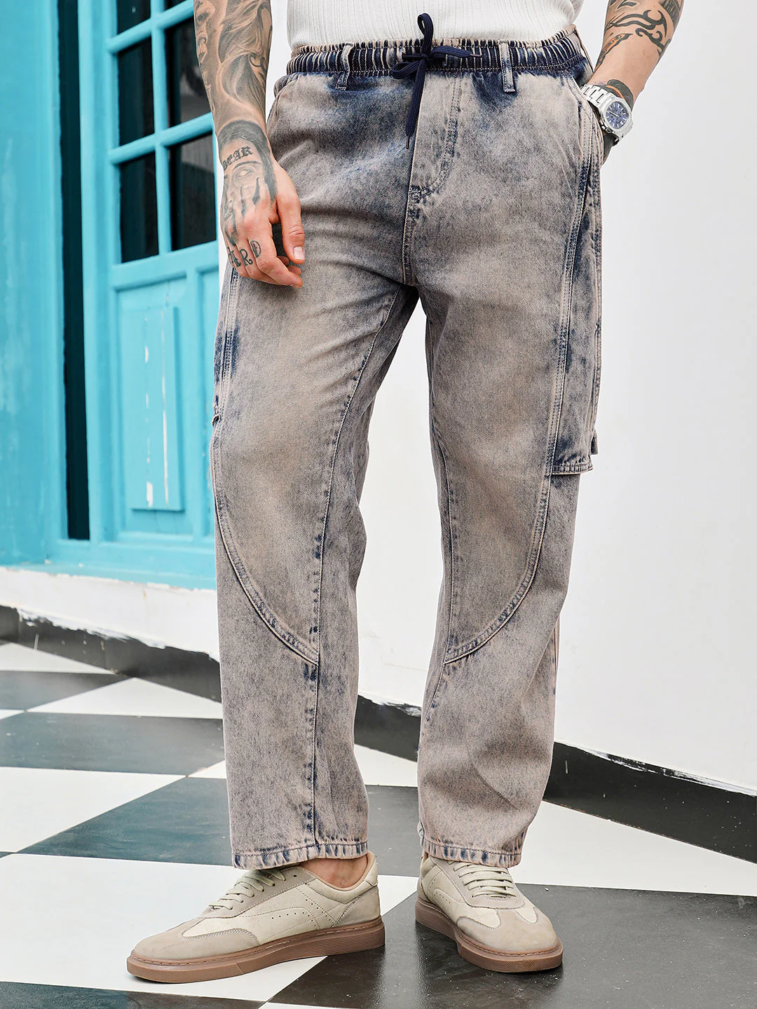 Acid-Wash Panelled Denim Jeans - Image 2