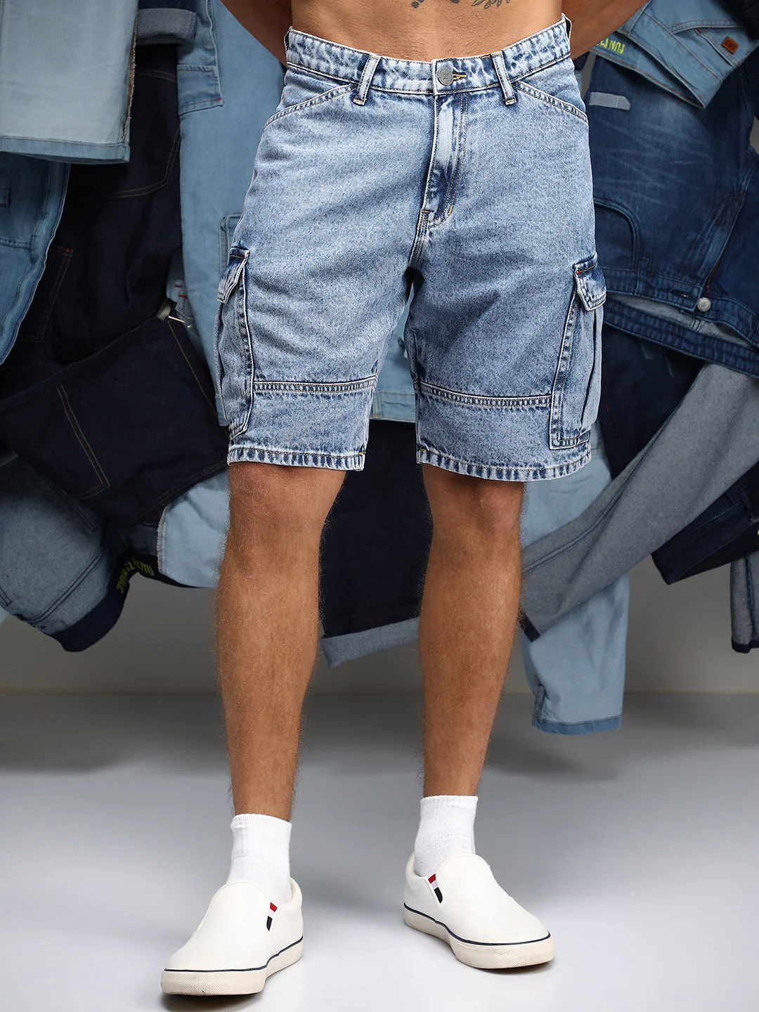 Acid-Wash Utility Denim Shorts - Image 2