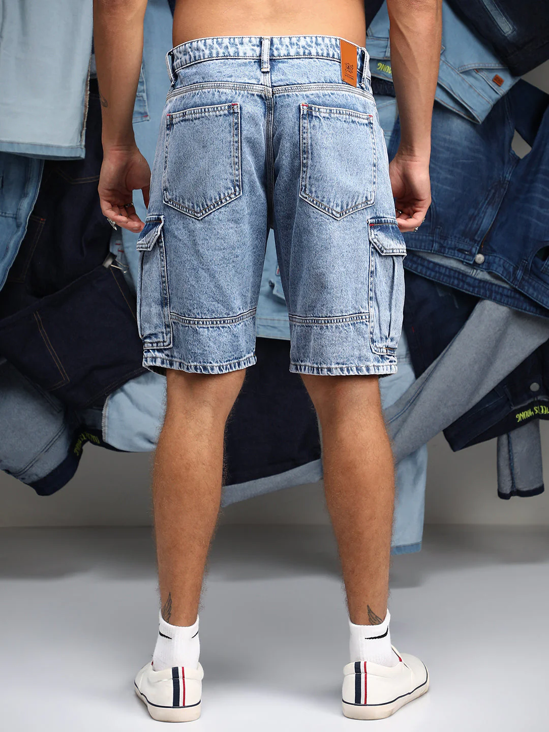 Acid-Wash Utility Denim Shorts - Image 4