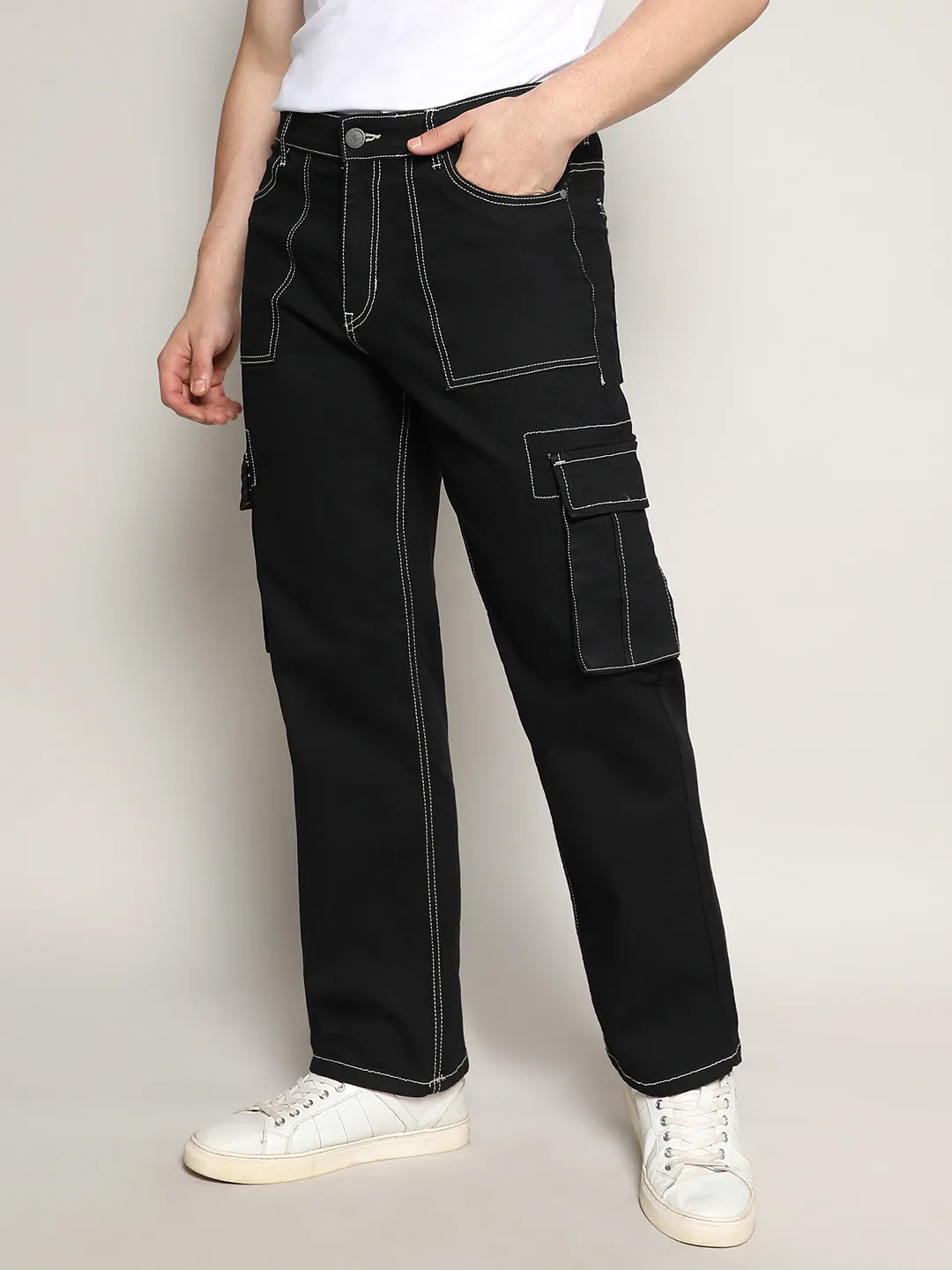 Contrast Stitched Cargo Denim Jeans - Image 3