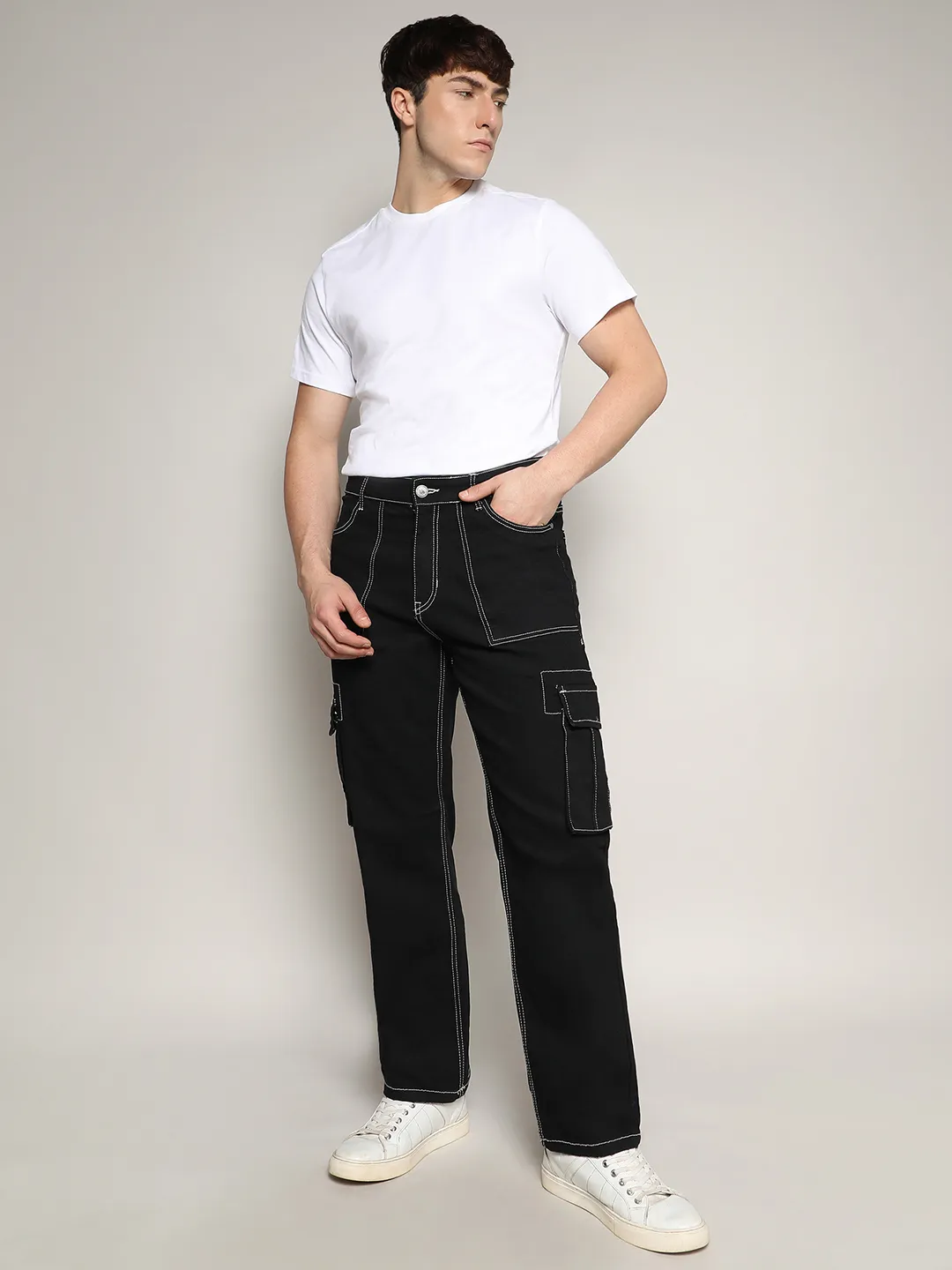 Contrast Stitched Cargo Denim Jeans - Image 5
