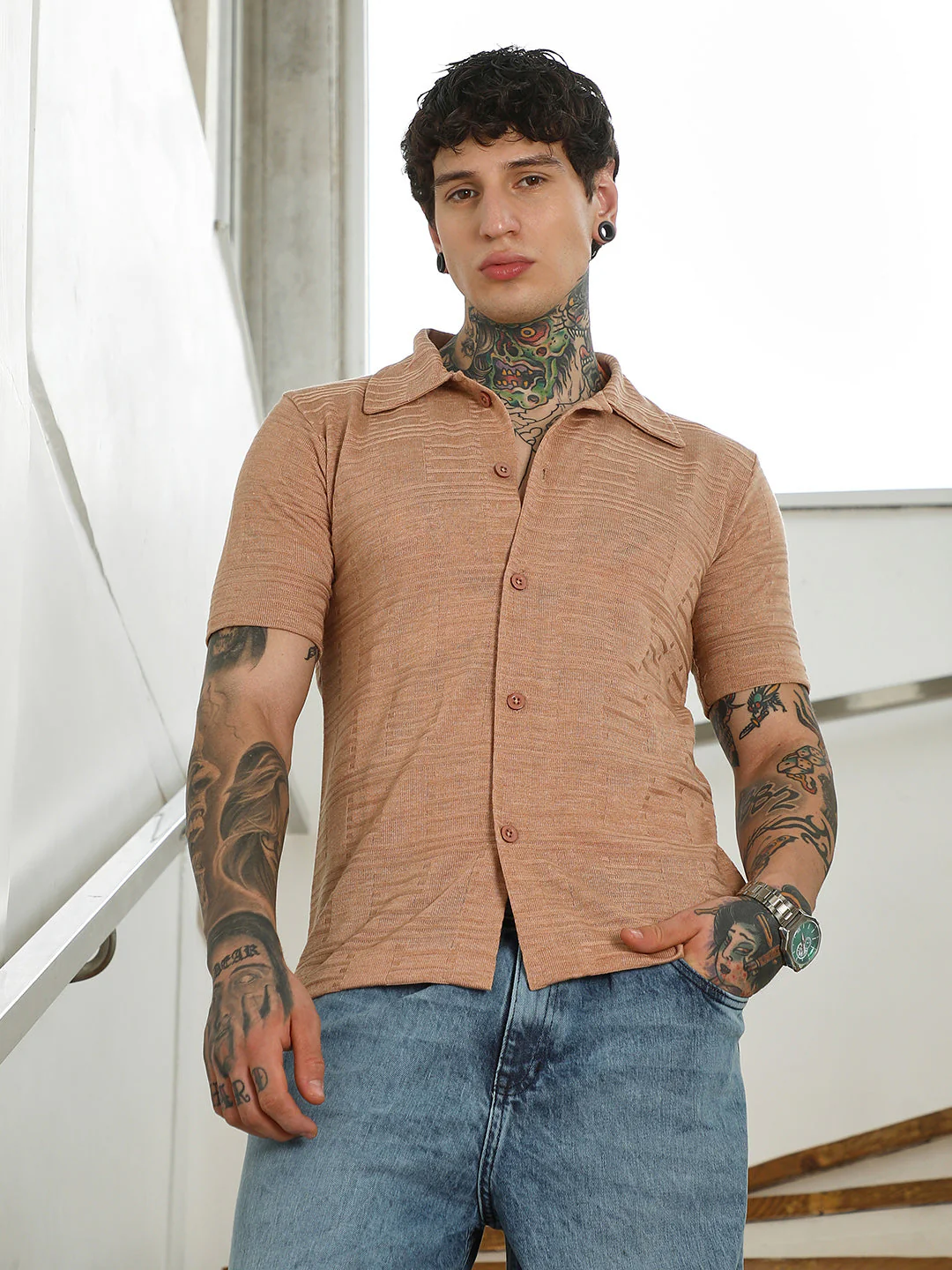 Mens Light Brown Textured Button-Down Shirt - Image 2