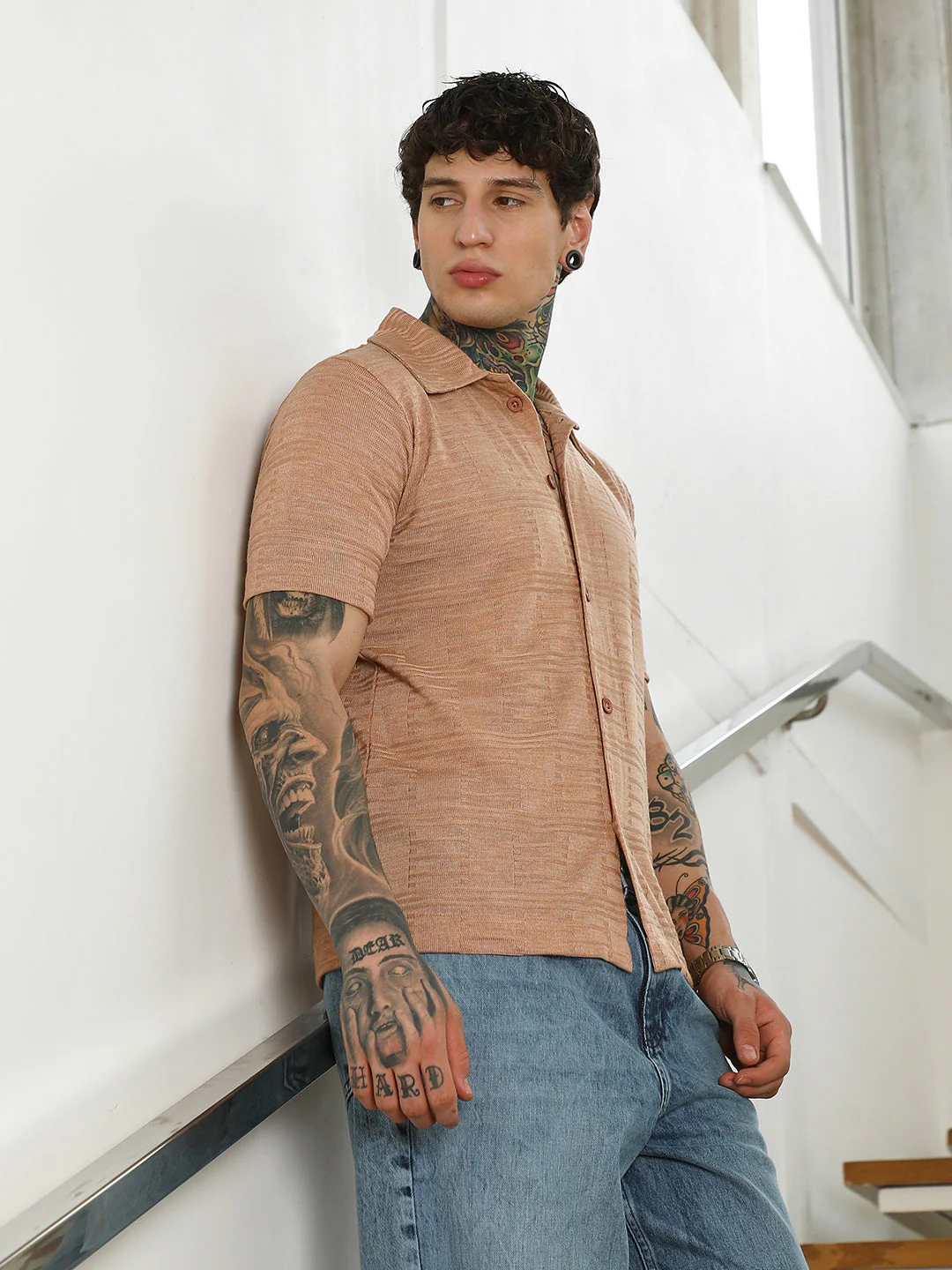 Mens Light Brown Textured Button-Down Shirt - Image 3