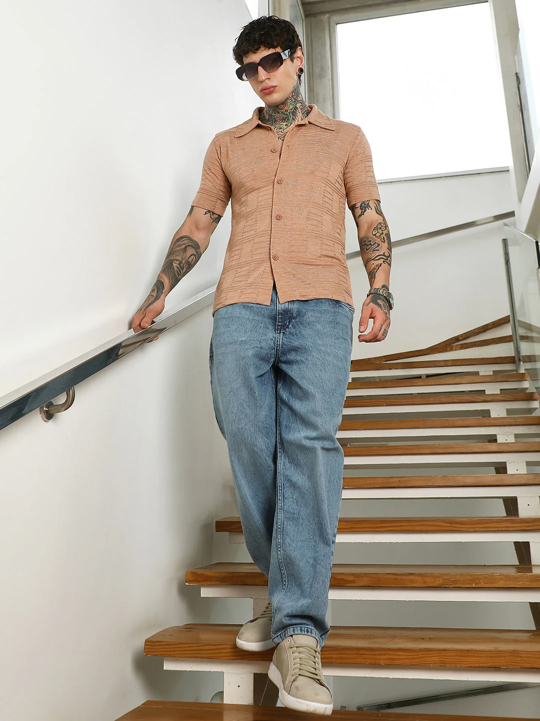 Mens Light Brown Textured Button-Down Shirt - Image 6