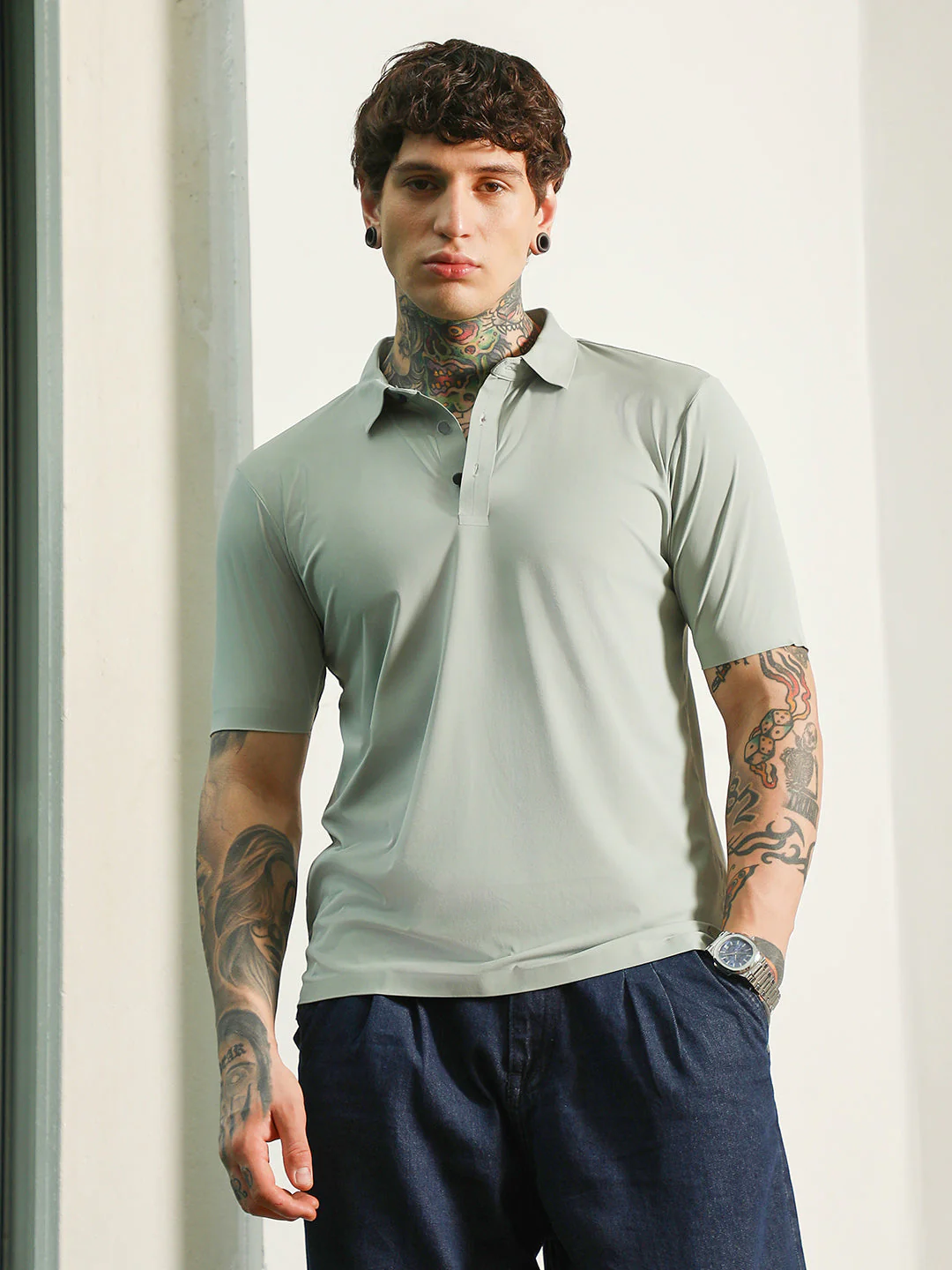Light Green Slim Fit Polo T-Shirt with Breathable Poly-Spandex Blend - Image 2