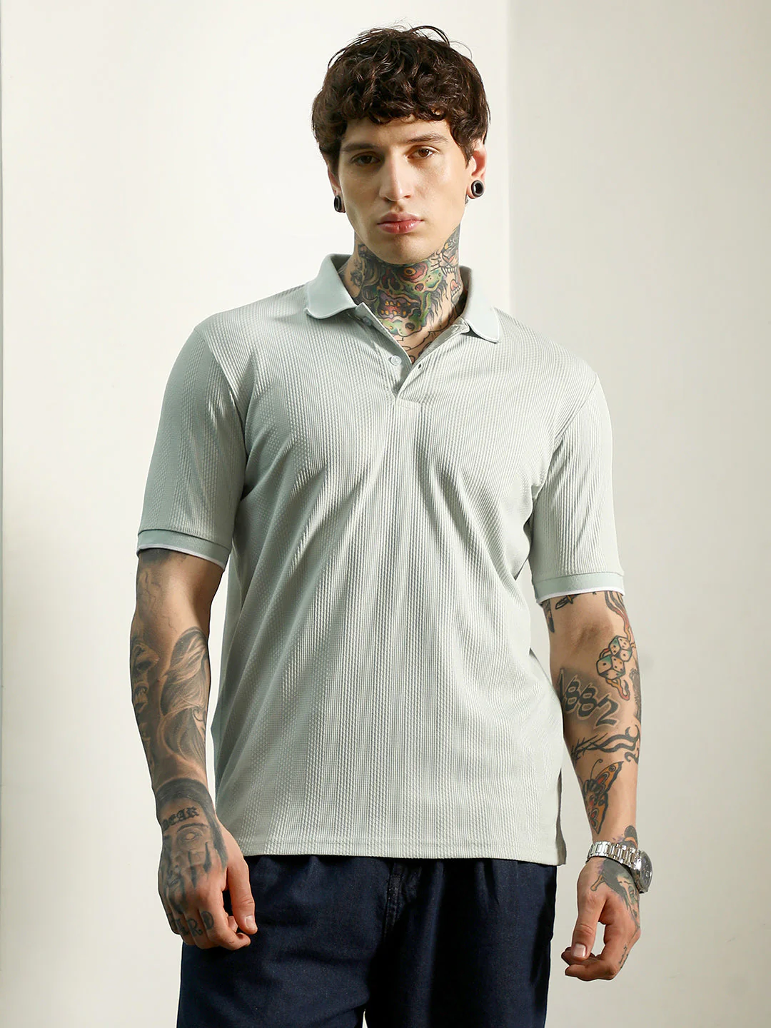 Light Green Textured Polo T-Shirt - Slim Fit, Breathable Poly-Spandex Blend - Image 2