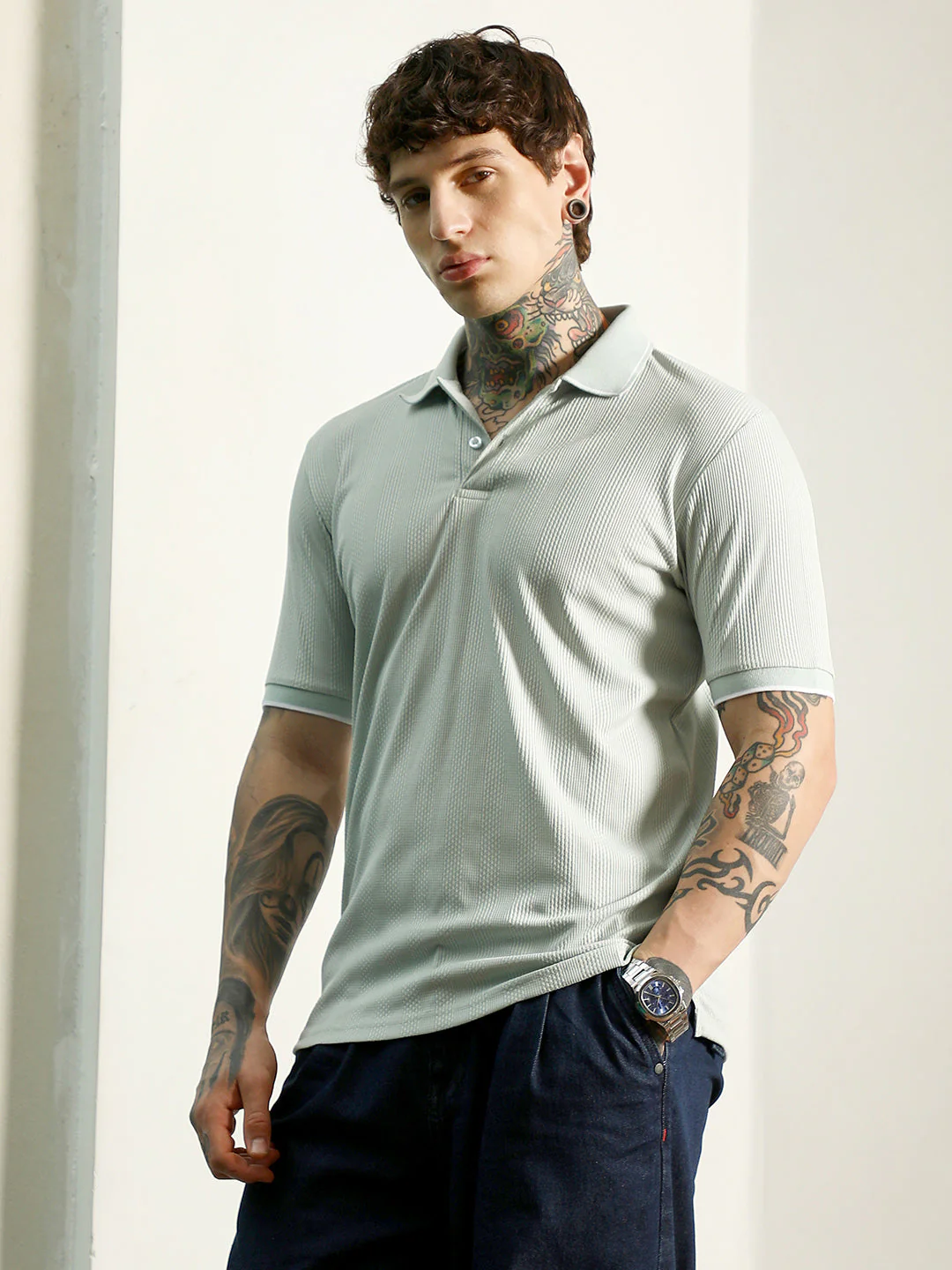 Light Green Textured Polo T-Shirt - Slim Fit, Breathable Poly-Spandex Blend - Image 3