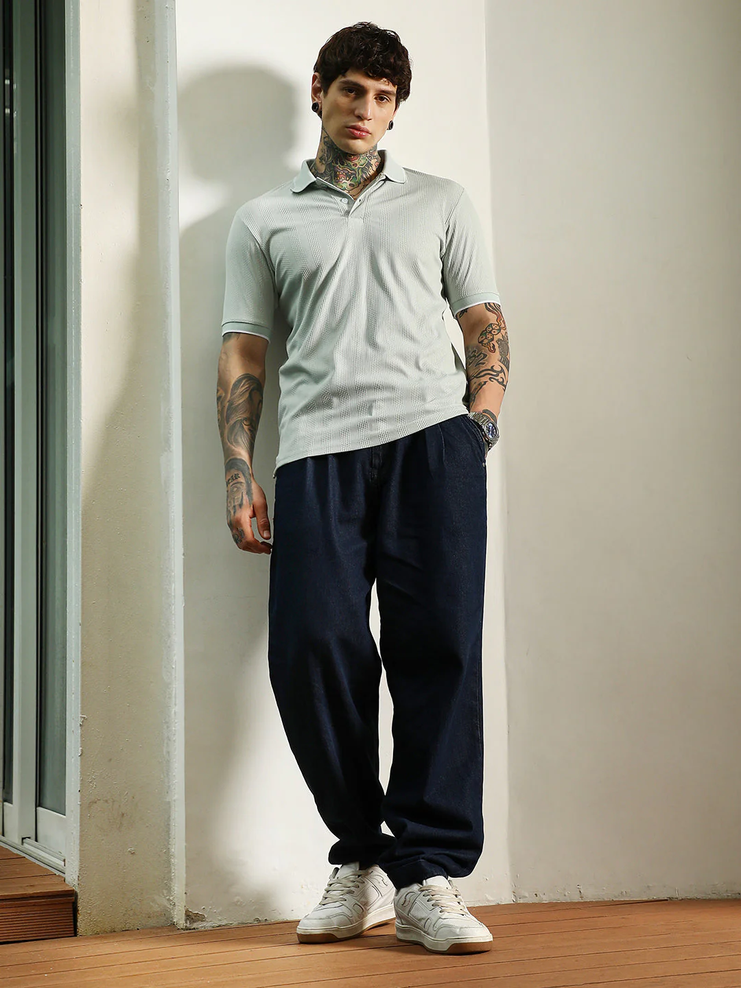 Light Green Textured Polo T-Shirt - Slim Fit, Breathable Poly-Spandex Blend - Image 5