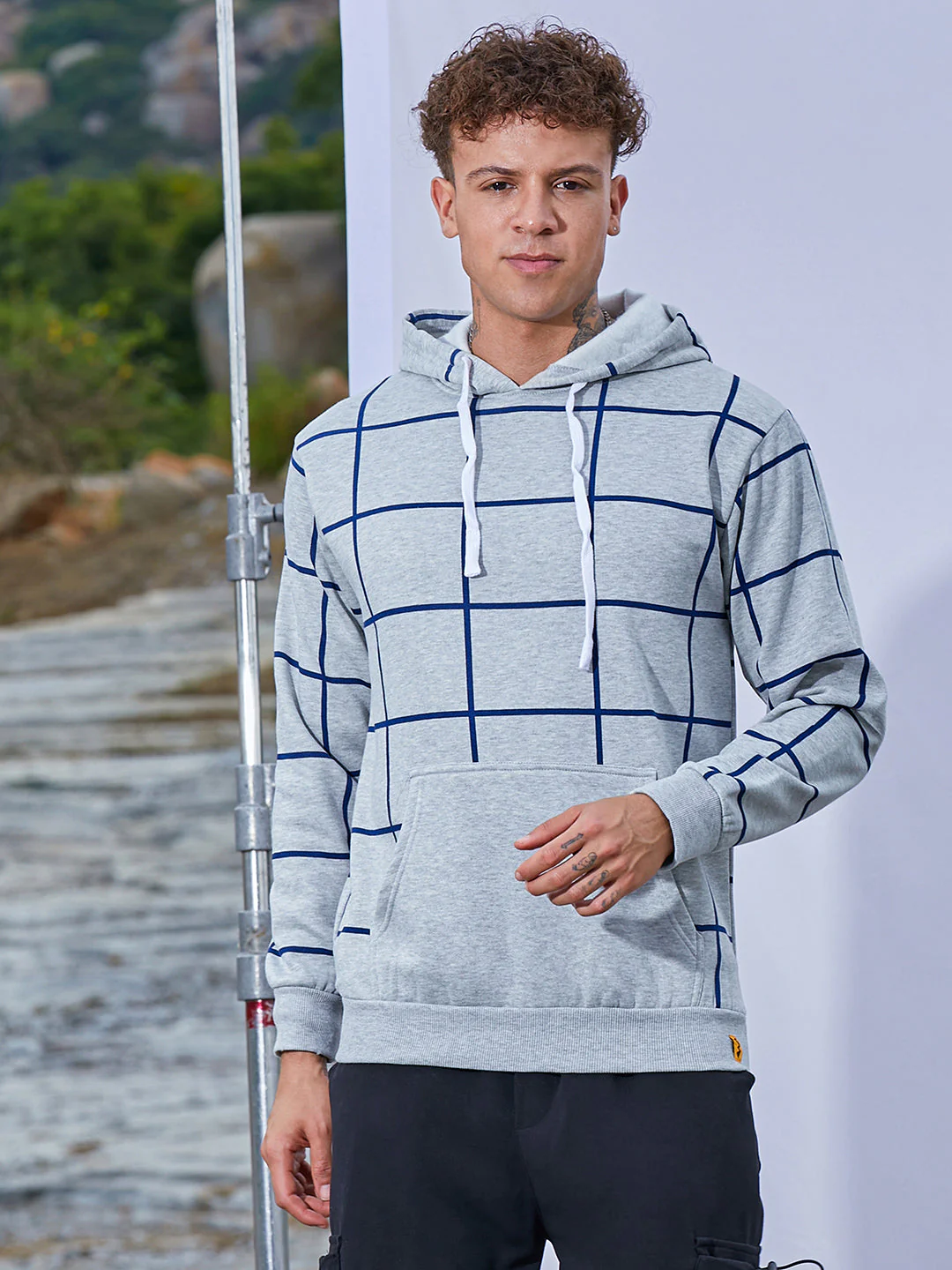 Contrast Graph Check Hoodie With Kangaroo Pocket - Image 2