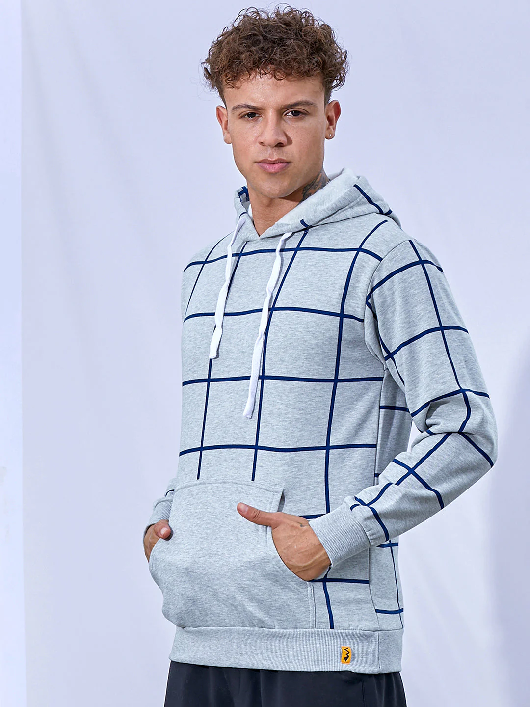 Contrast Graph Check Hoodie With Kangaroo Pocket - Image 3