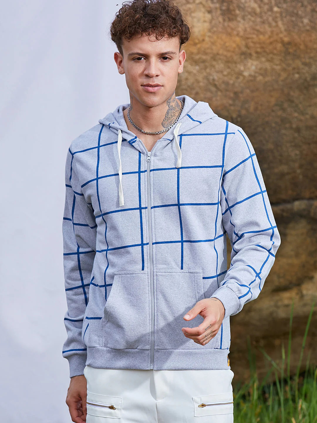 Contrast Graph Check Hoodie With Zip-Closure - Image 3