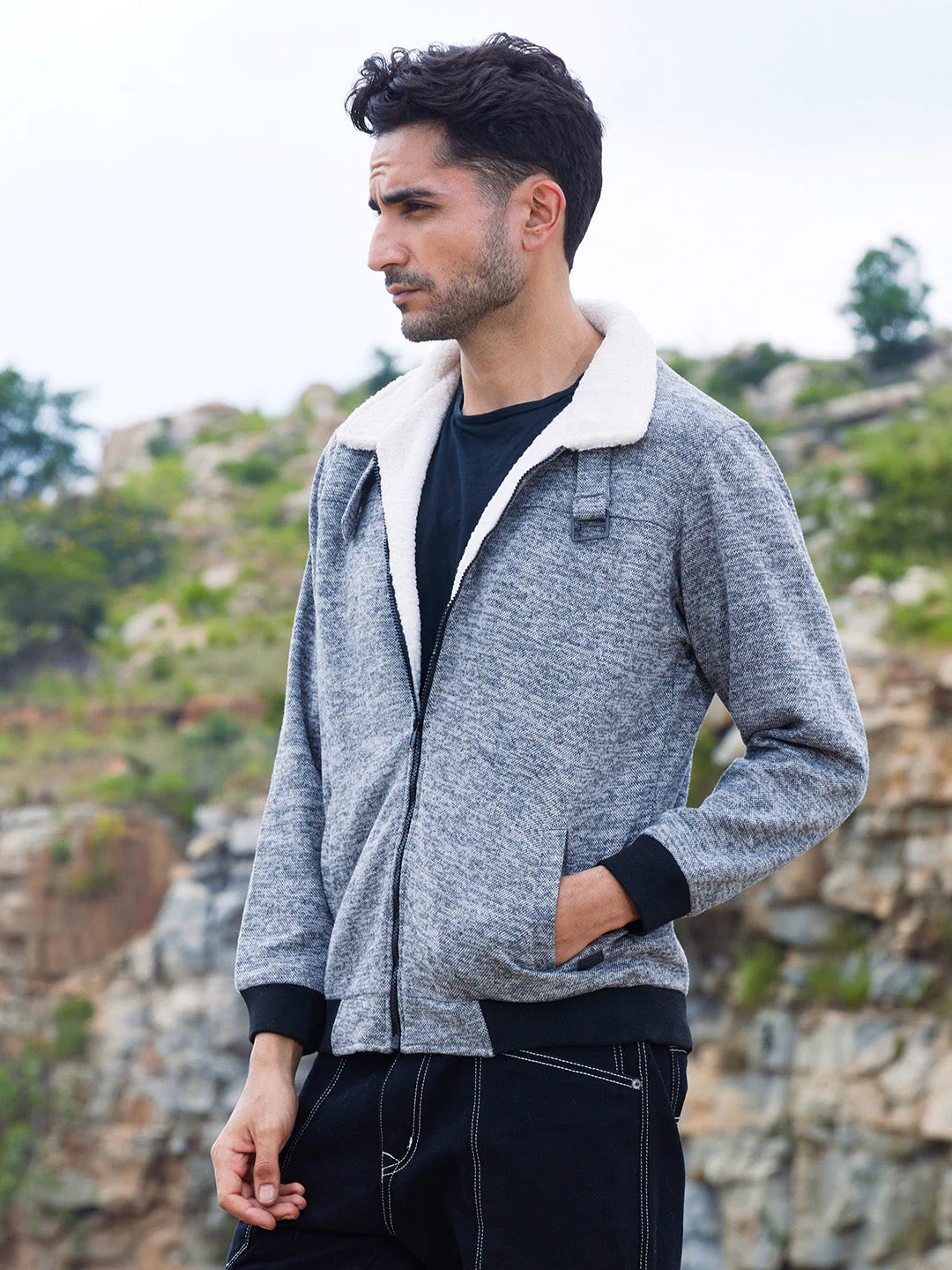 Heathered Jacket With Fleece Detail - Image 3