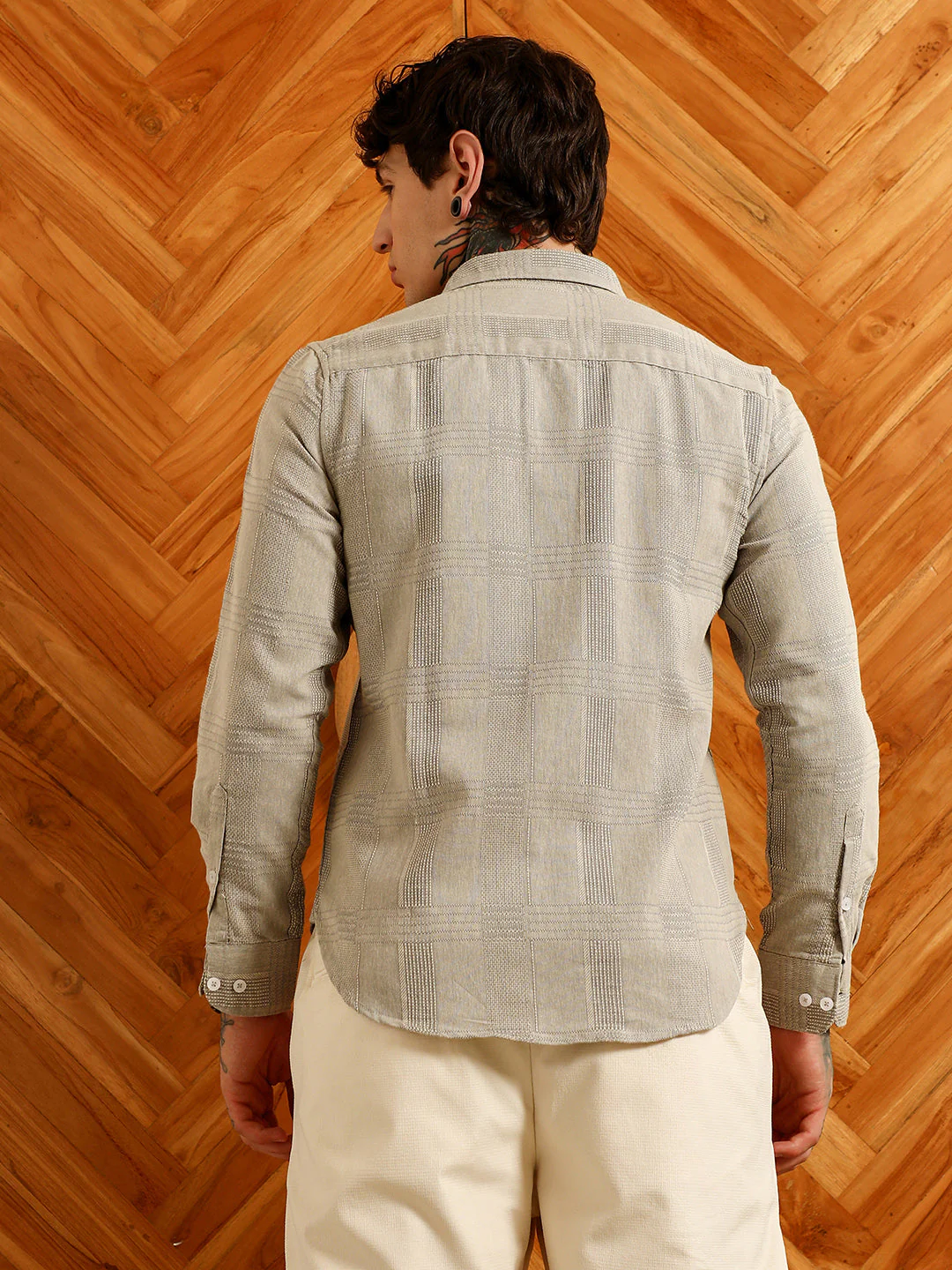 Light Grey Textured Cotton Blend Shirt - Image 4