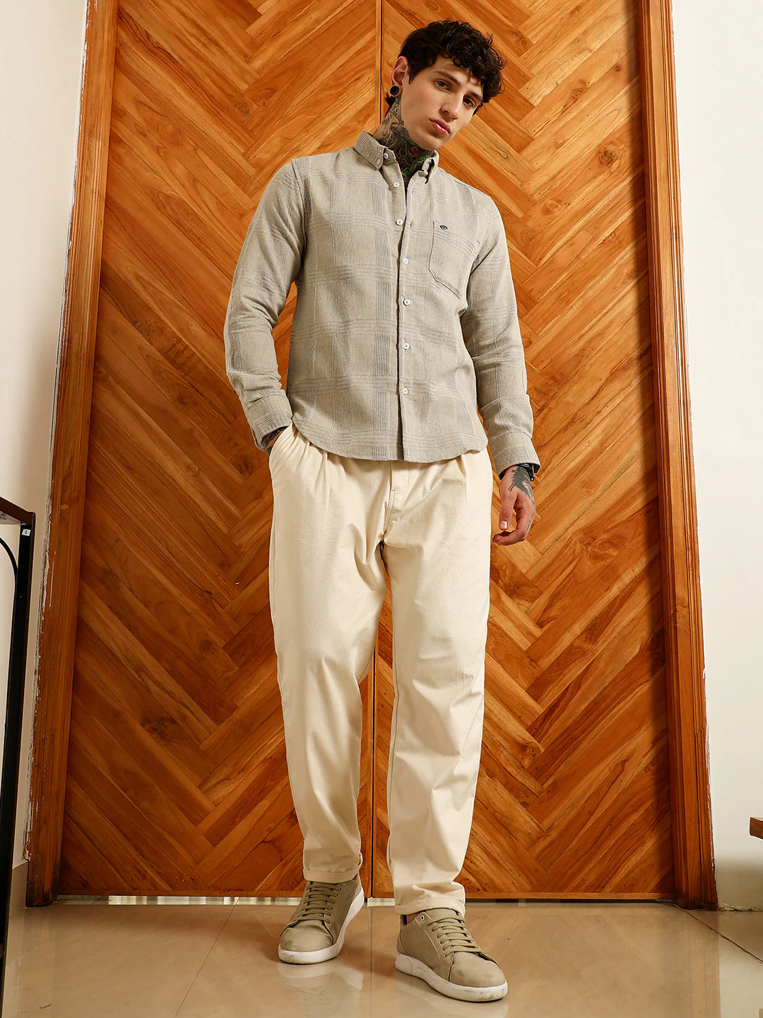 Light Grey Textured Cotton Blend Shirt - Image 5