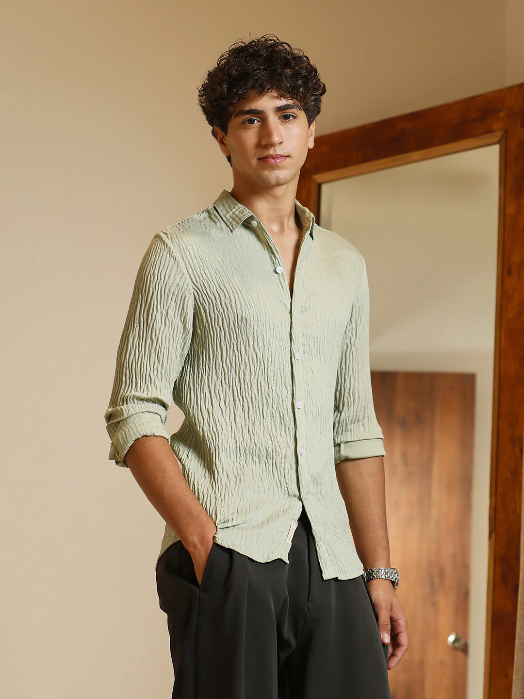 Solid Creased-Tactile Shirt - Image 3