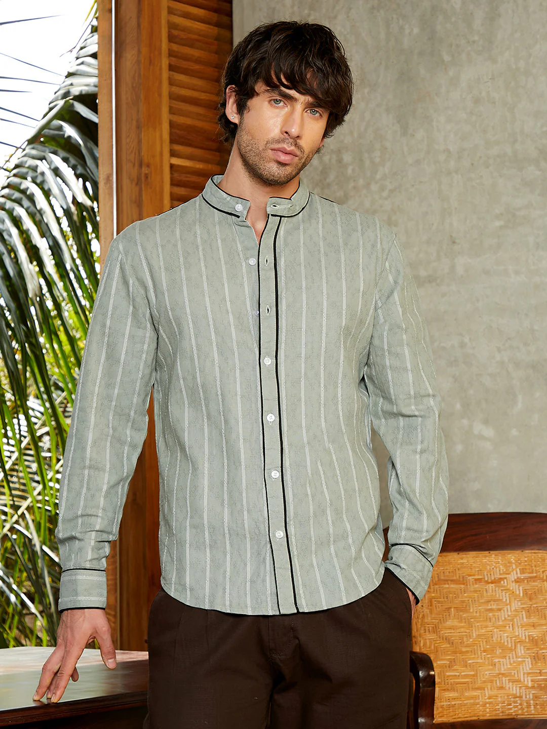 Striped-Jacquard Mandarin Shirt - Image 2