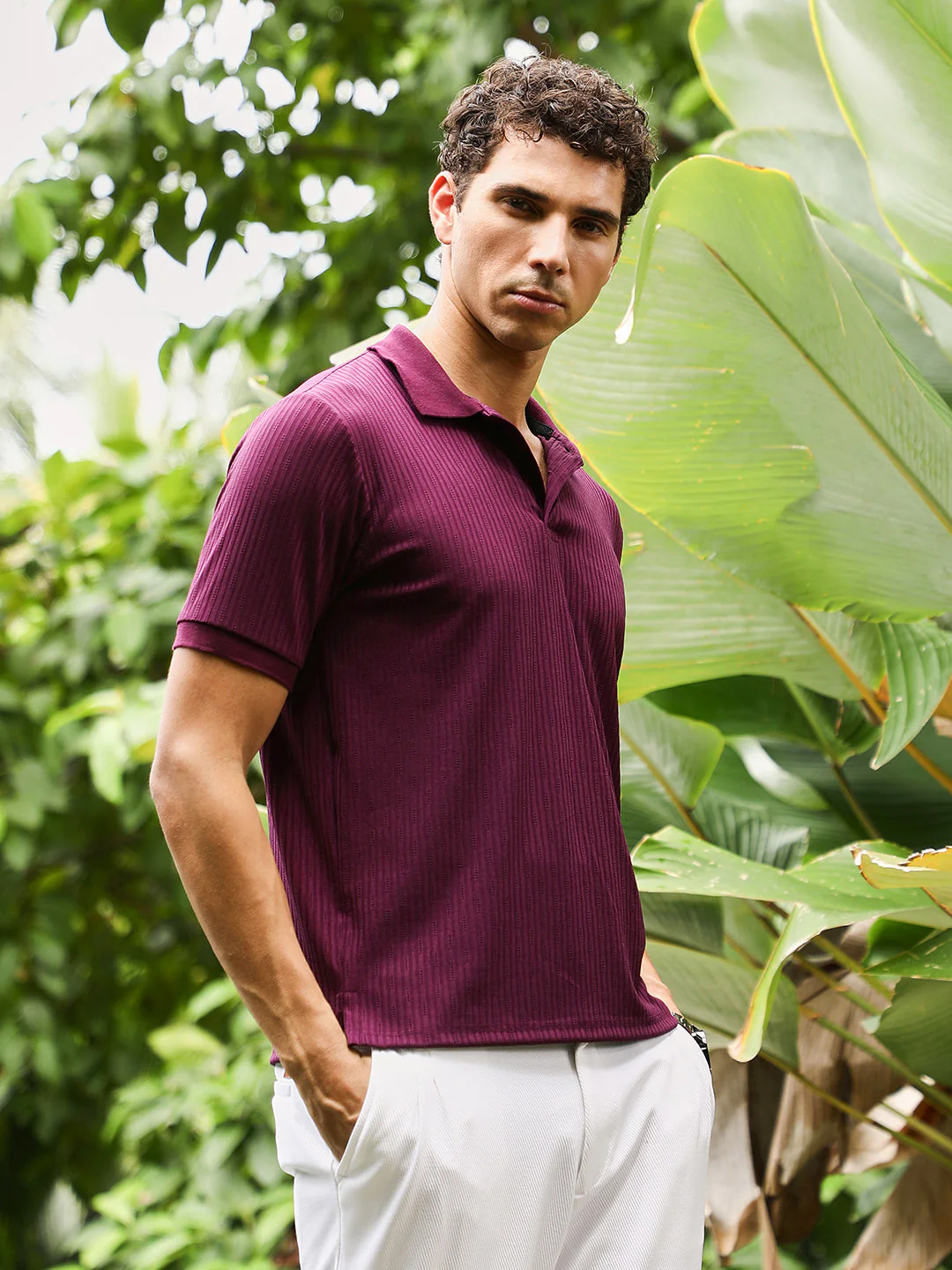 Vined-Jacquard Knit Polo T-Shirt - Image 3