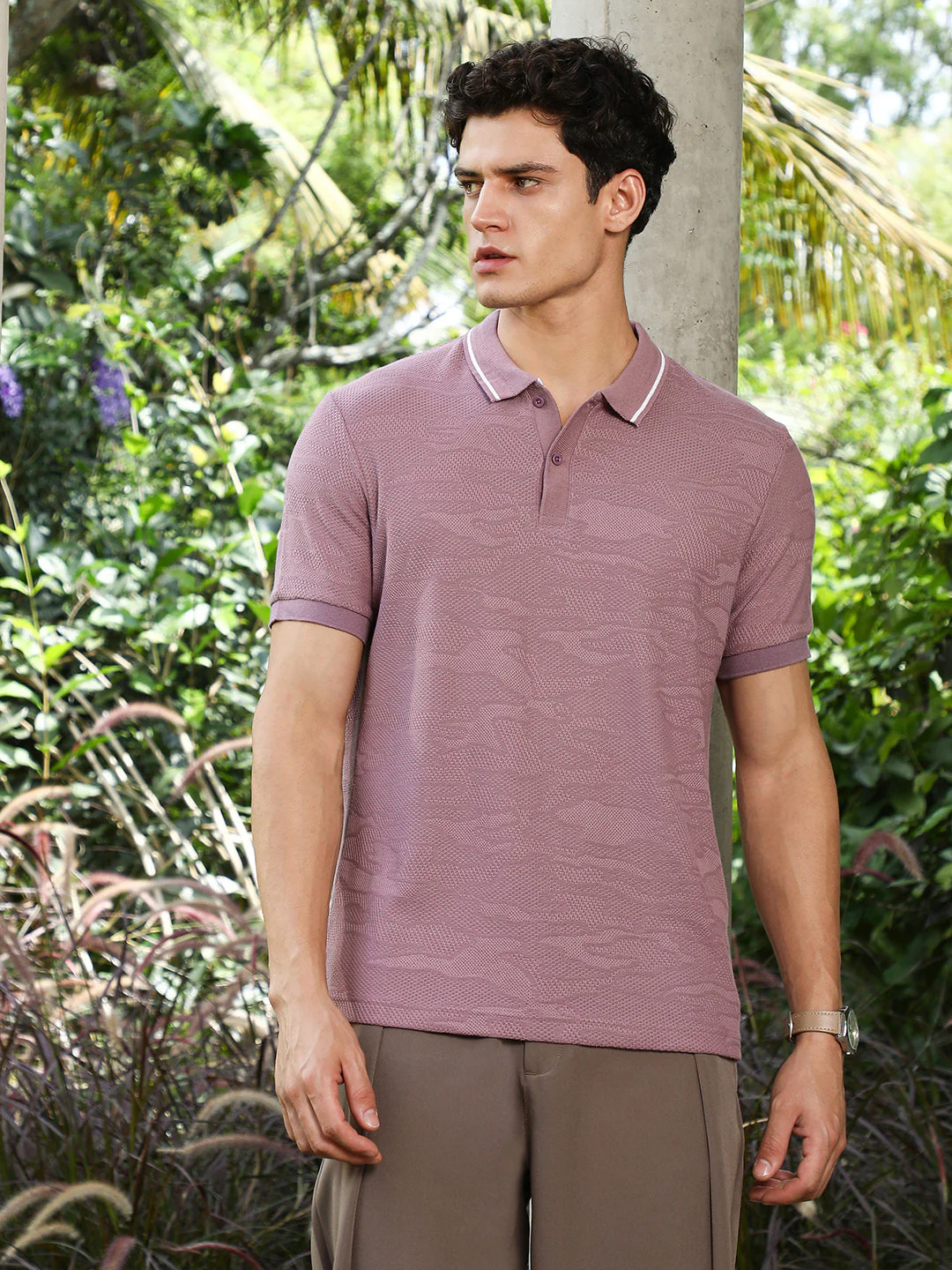 Mauve Purple Abstract-Tactile Knit Polo T-Shirt - Image 2
