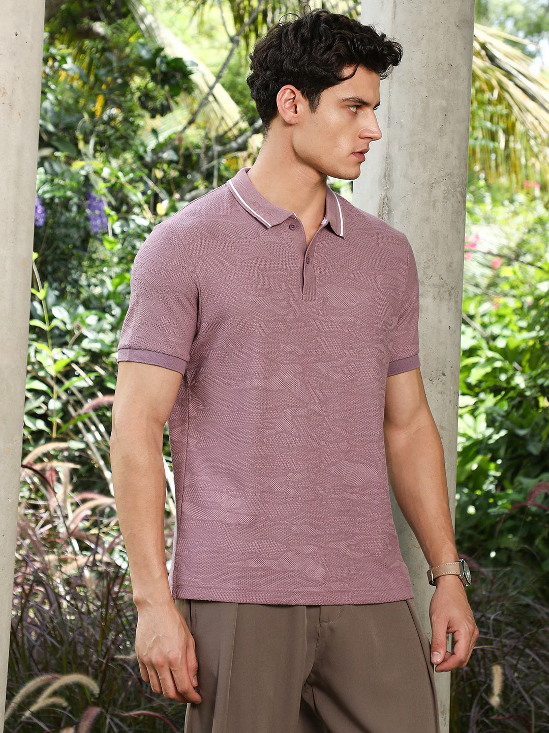 Mauve Purple Abstract-Tactile Knit Polo T-Shirt - Image 3
