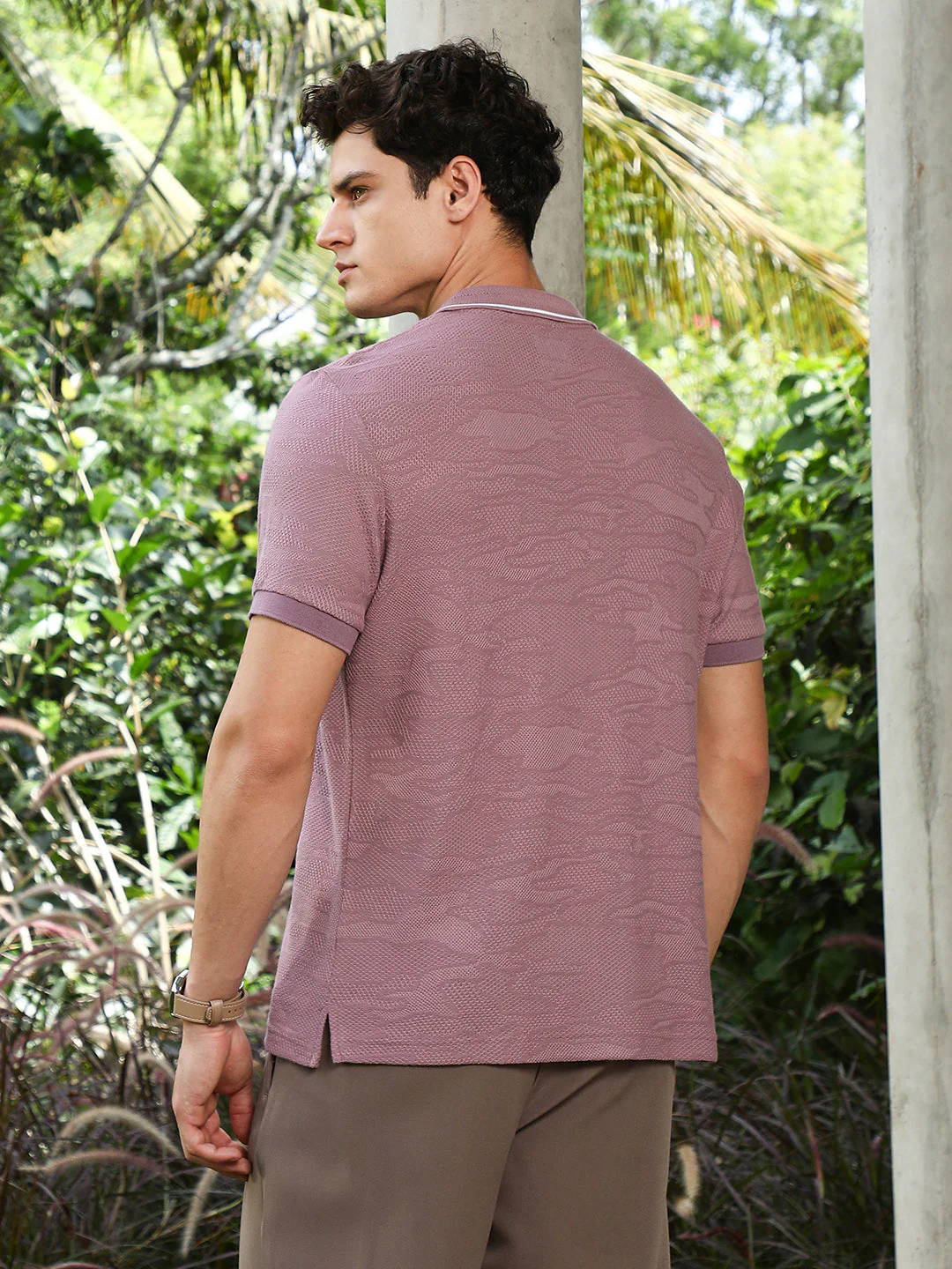 Mauve Purple Abstract-Tactile Knit Polo T-Shirt - Image 4