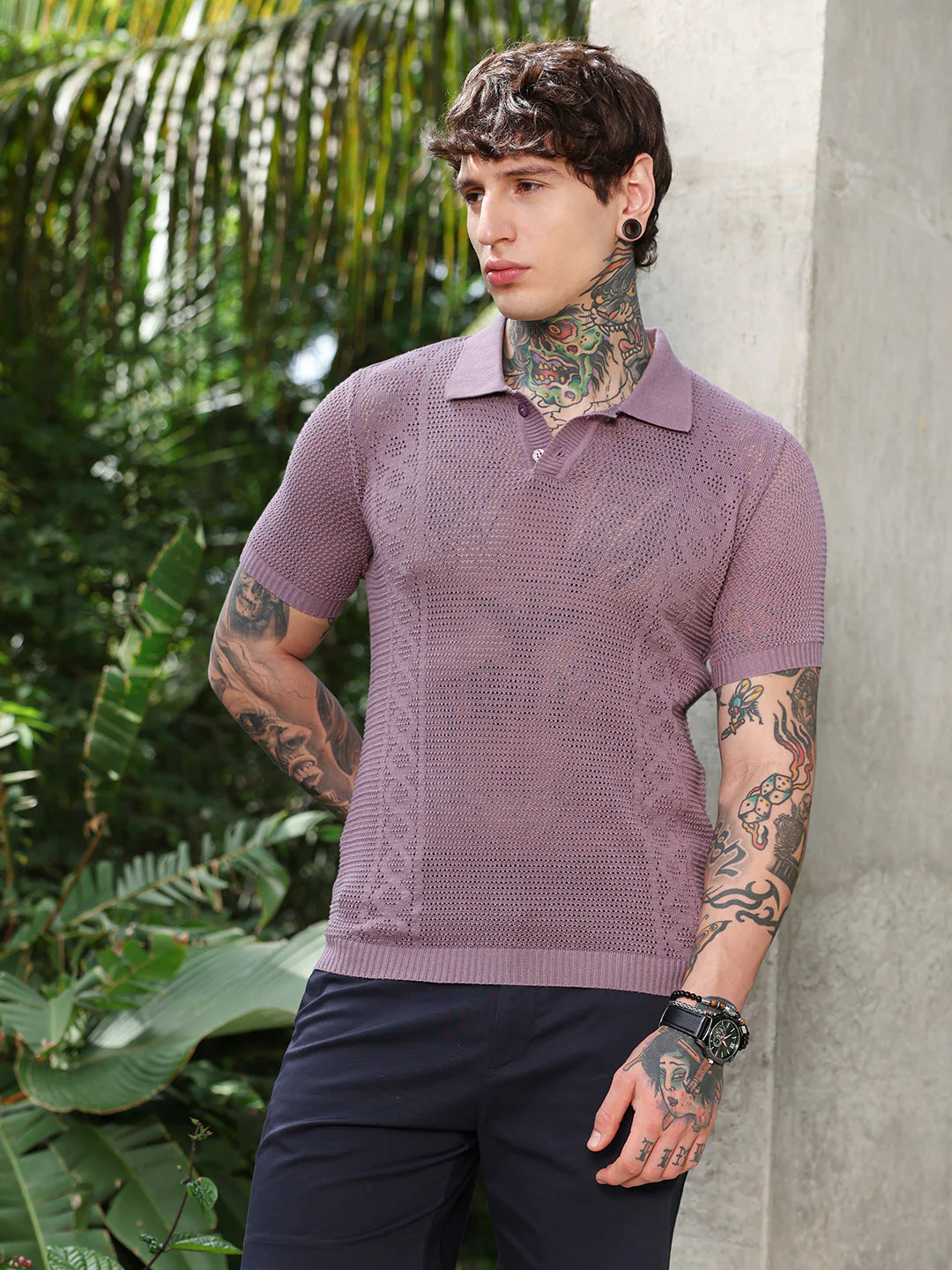 Spiral-Panel Open-Knit Polo T-Shirt - Image 2