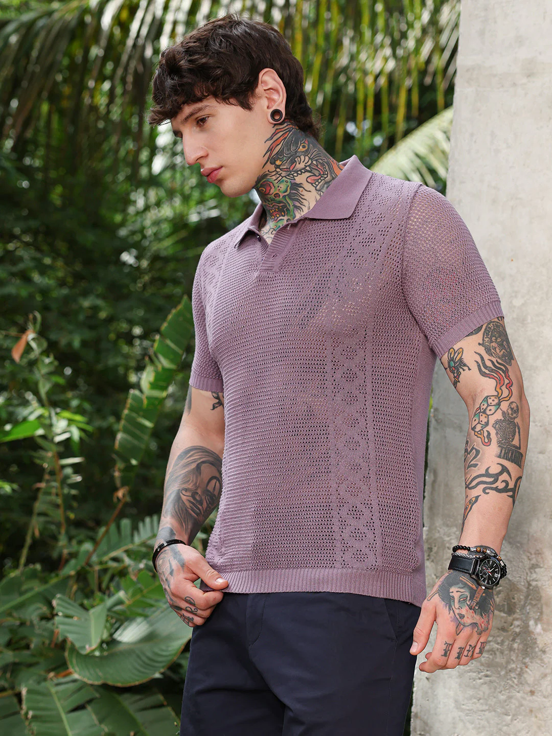 Spiral-Panel Open-Knit Polo T-Shirt - Image 3