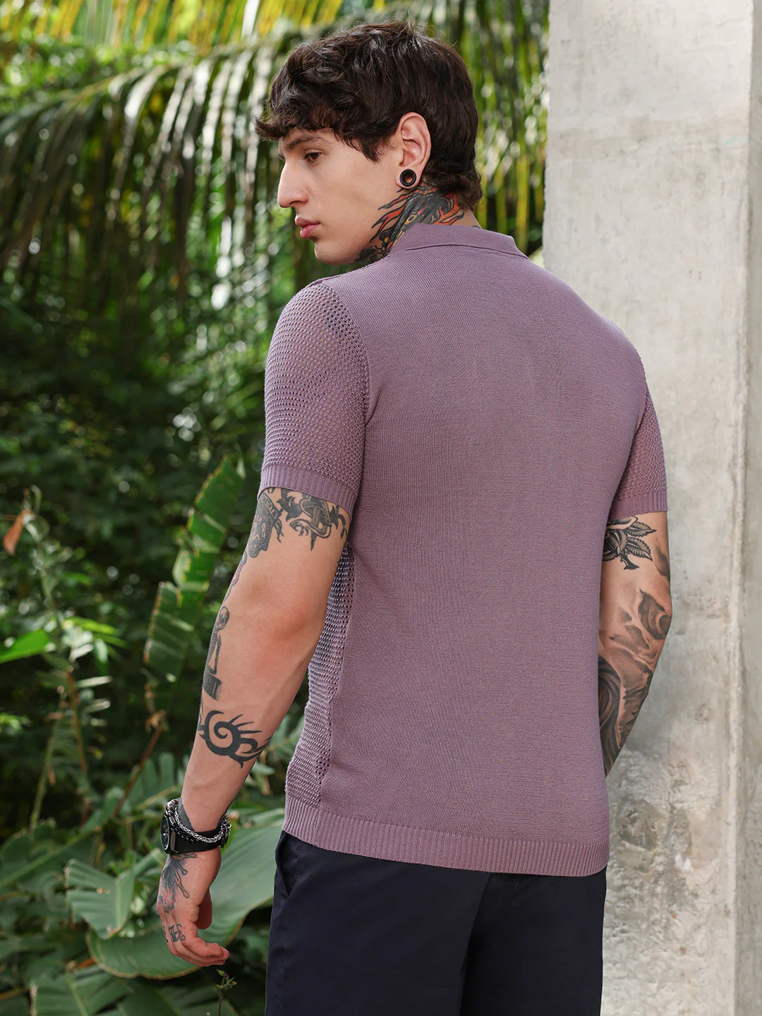 Spiral-Panel Open-Knit Polo T-Shirt - Image 4