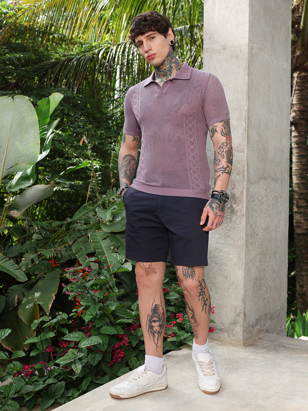 Spiral-Panel Open-Knit Polo T-Shirt - Image 5