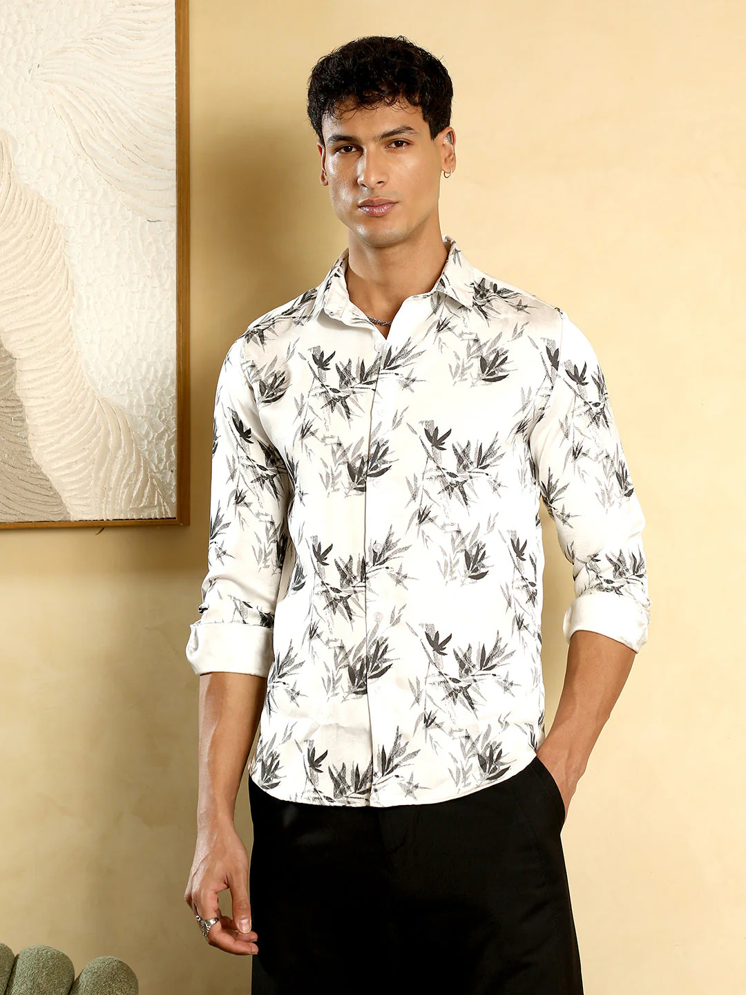 Faded-Leaf Imprint Satin Shirt - Image 2