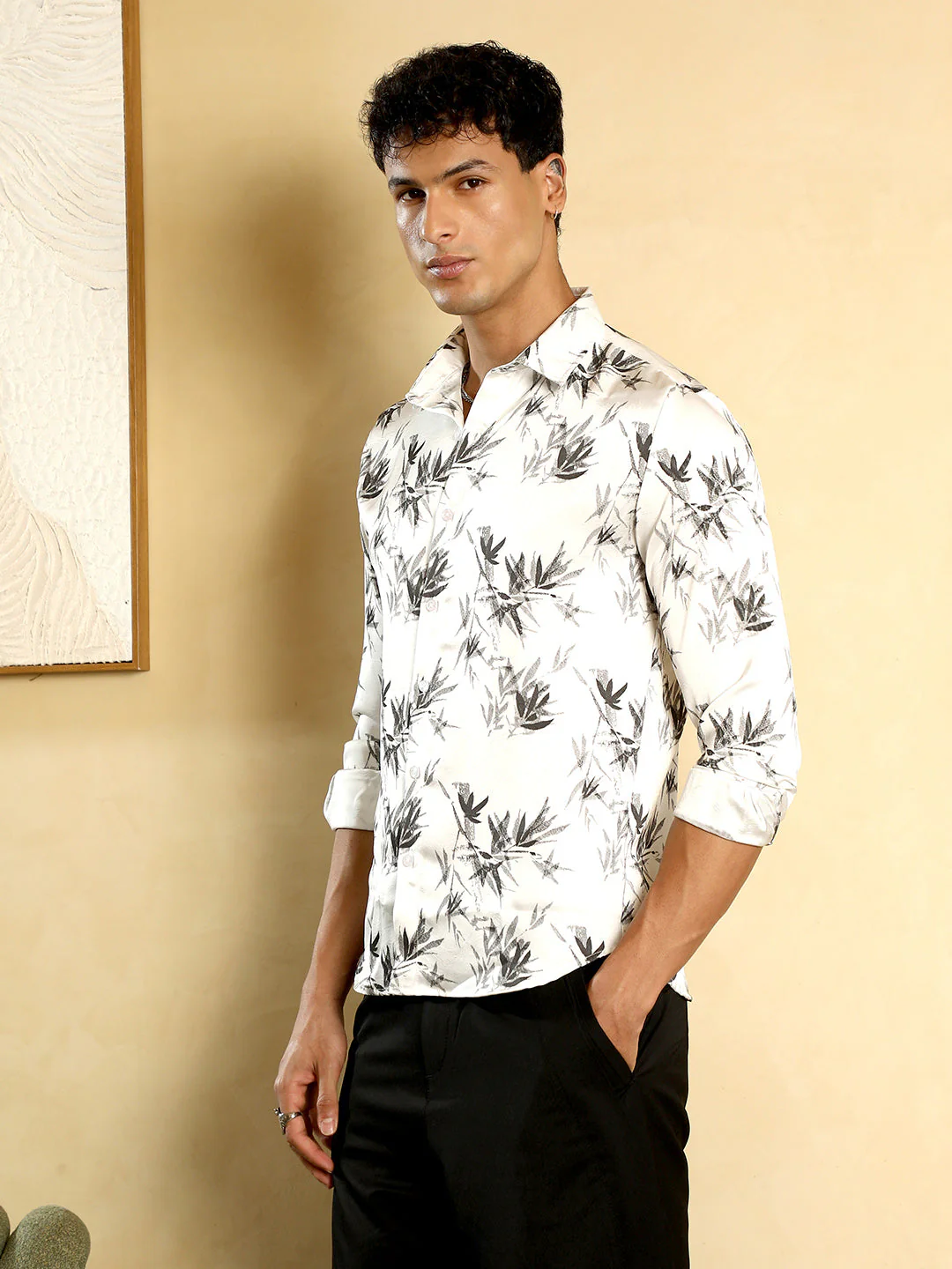 Faded-Leaf Imprint Satin Shirt - Image 3