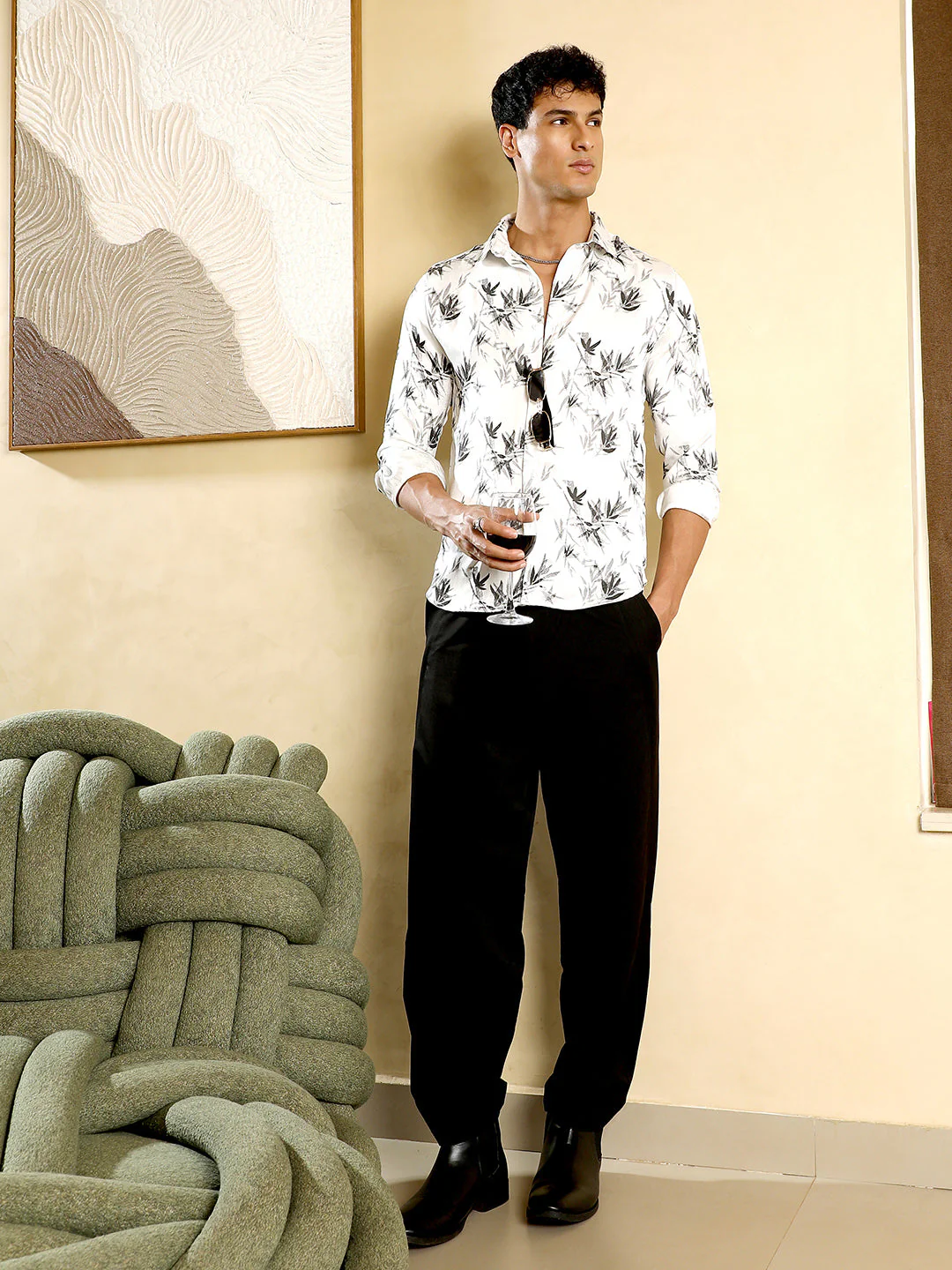 Faded-Leaf Imprint Satin Shirt - Image 6