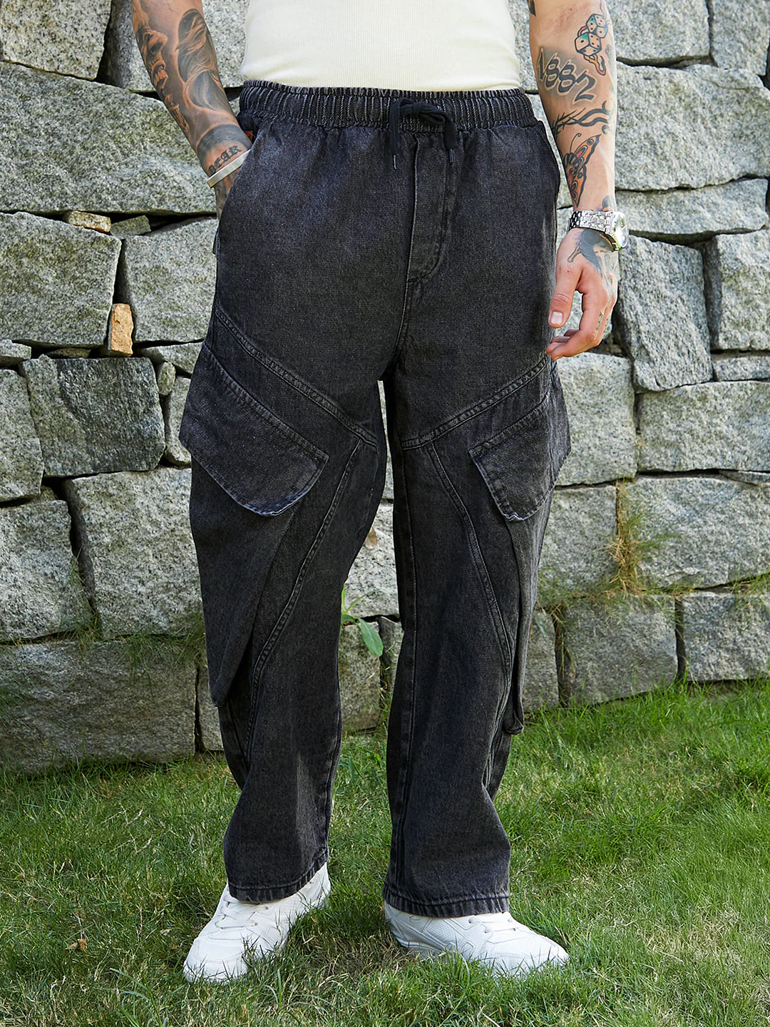 Dark-Wash Modular-Utility Denim Jeans - Image 2