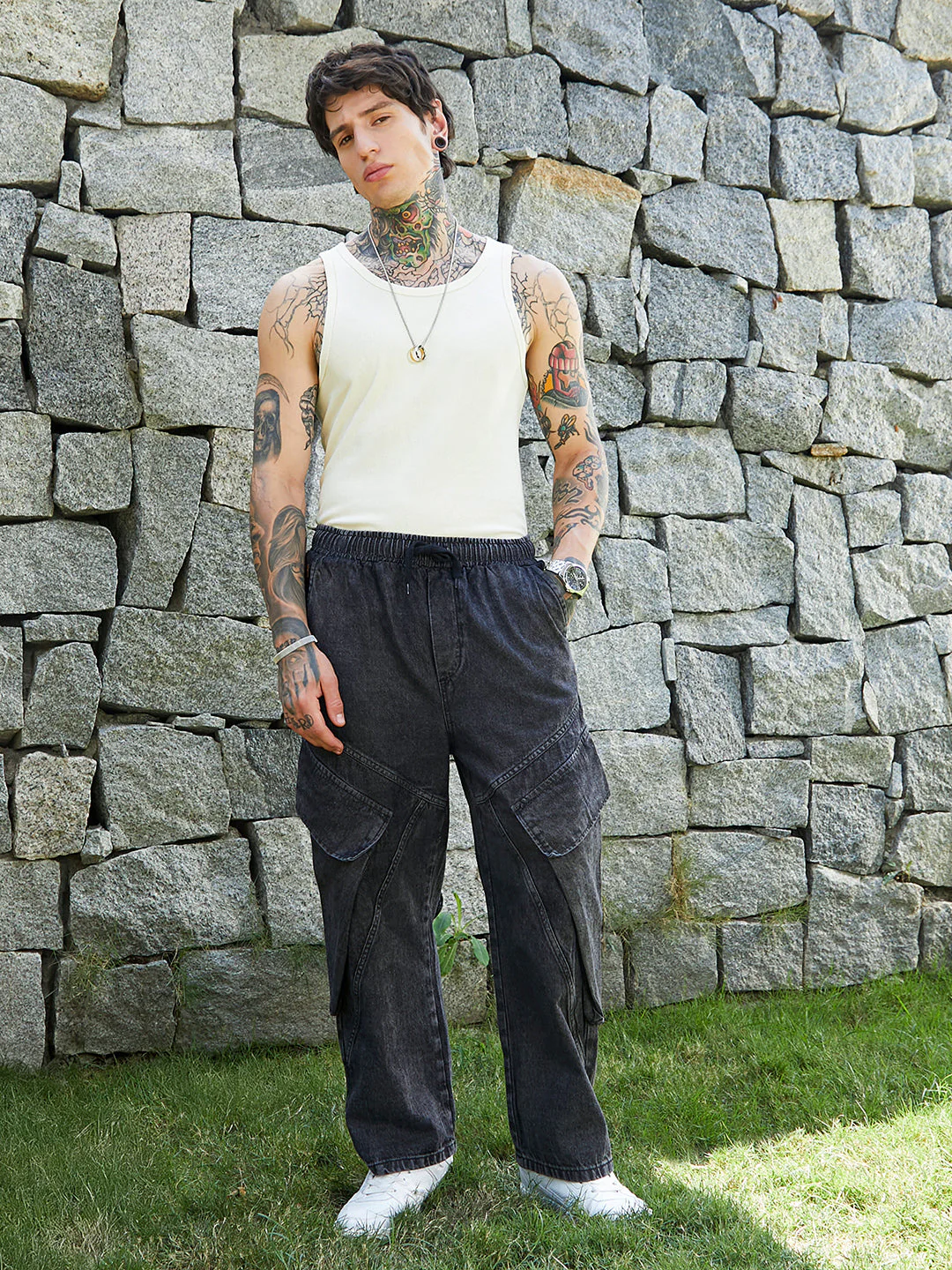 Dark-Wash Modular-Utility Denim Jeans - Image 5