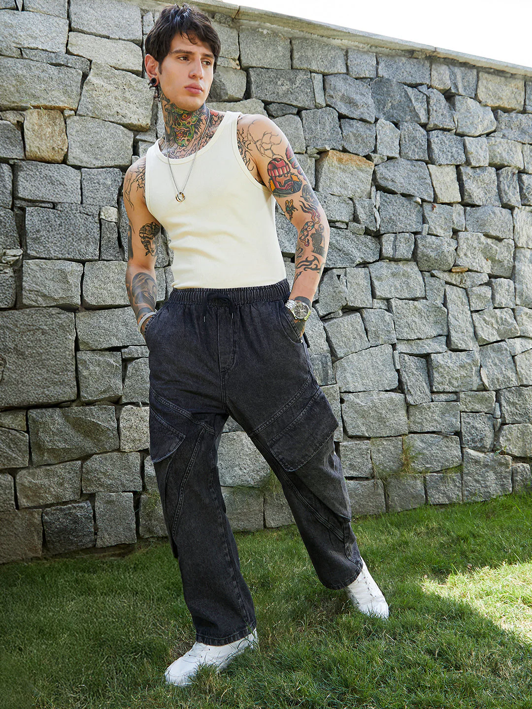Dark-Wash Modular-Utility Denim Jeans - Image 6