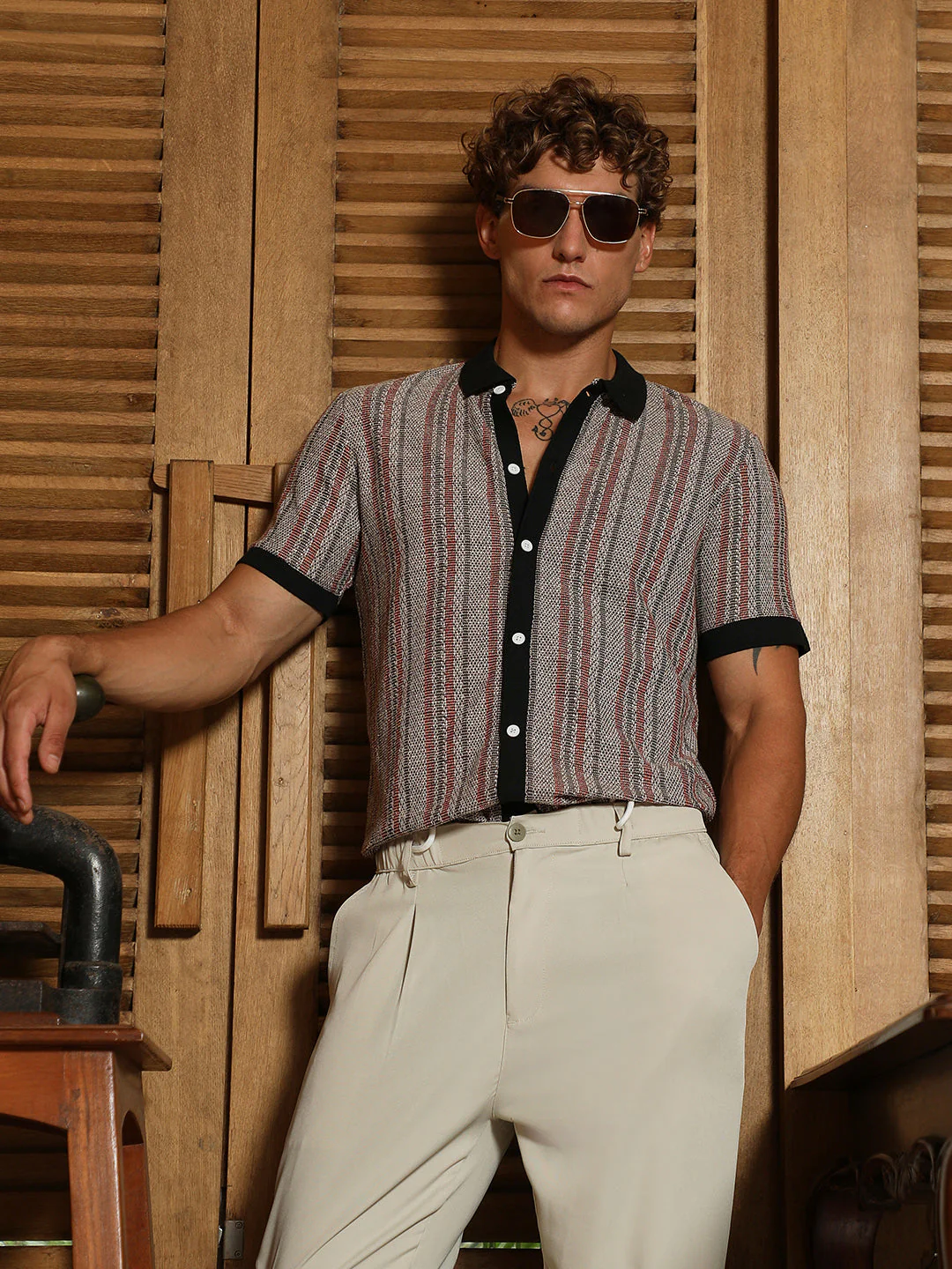 Striped-Knit Polo Shirt