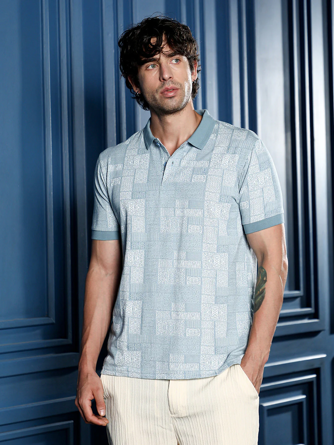 Lattice-Geometric Jacquard Polo T-Shirt - Image 2