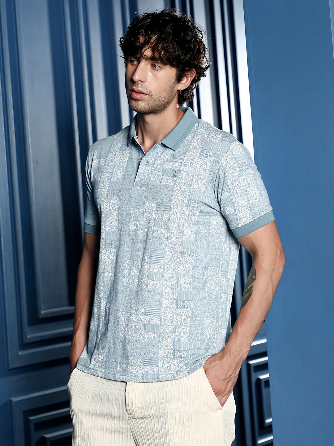 Lattice-Geometric Jacquard Polo T-Shirt - Image 3